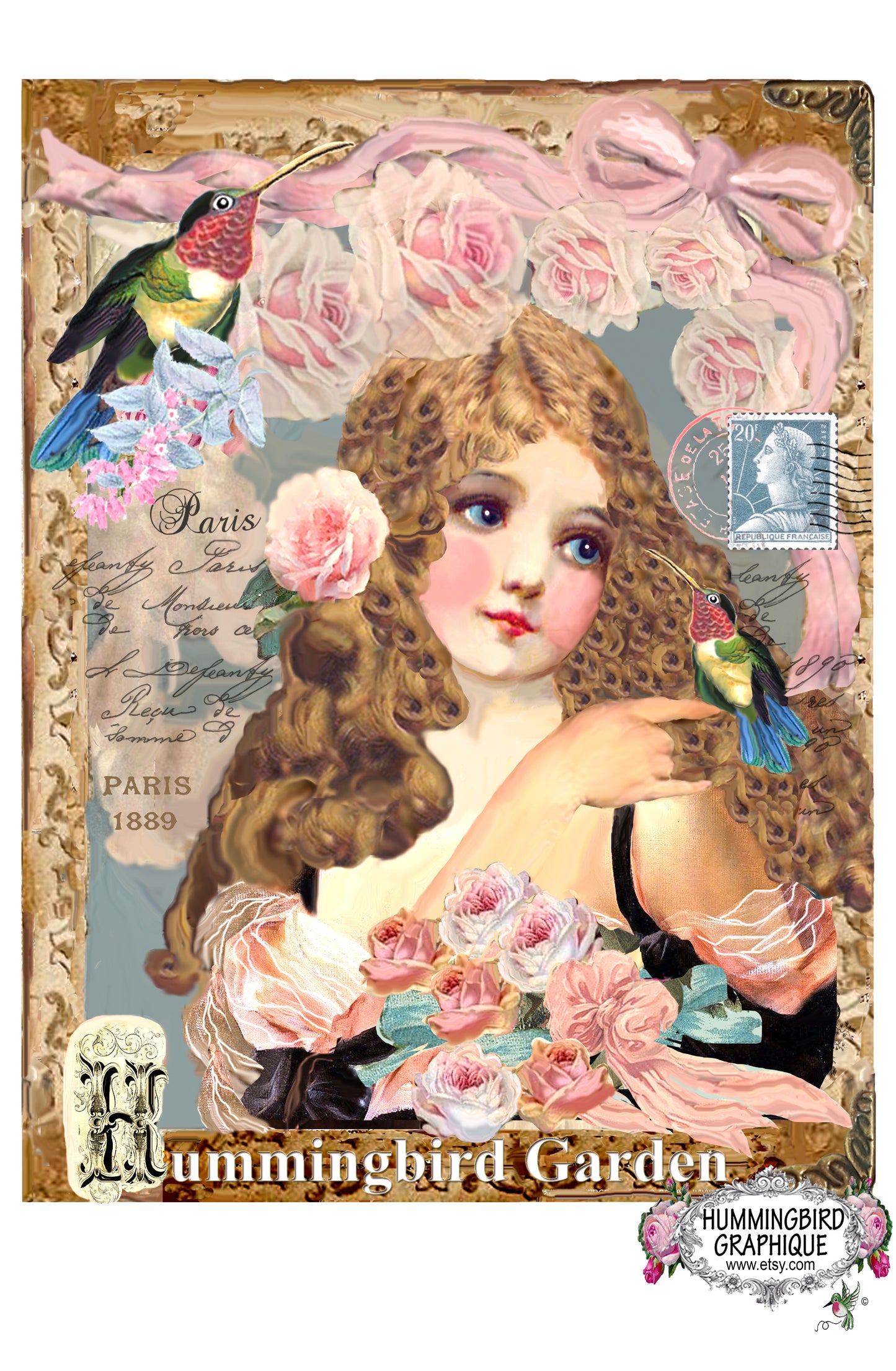 #249 BEAUTIFUL GIRL IN HUMMINGBIRD GARDEN - BEAUTIFUL SHABBY IMAGE
