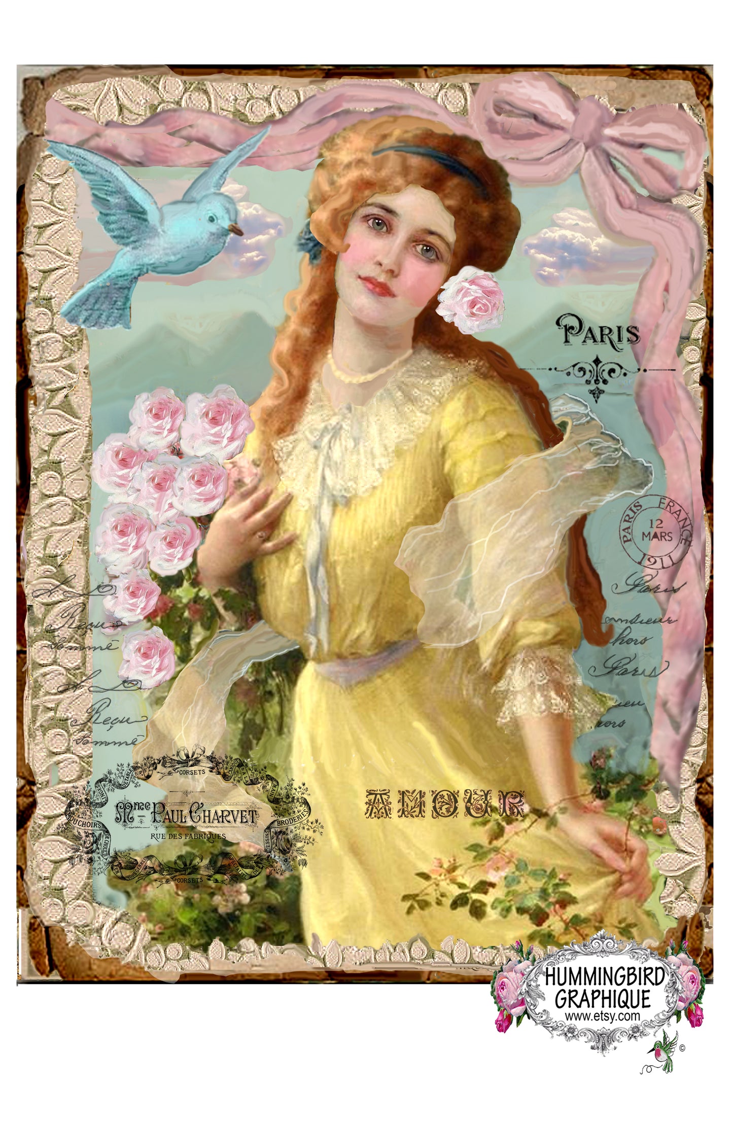 #271 BELLE DAME EN JAUNE AVEC DES ROSES ET UN MERLE BLEU - BELLE IMAGE SHABBY