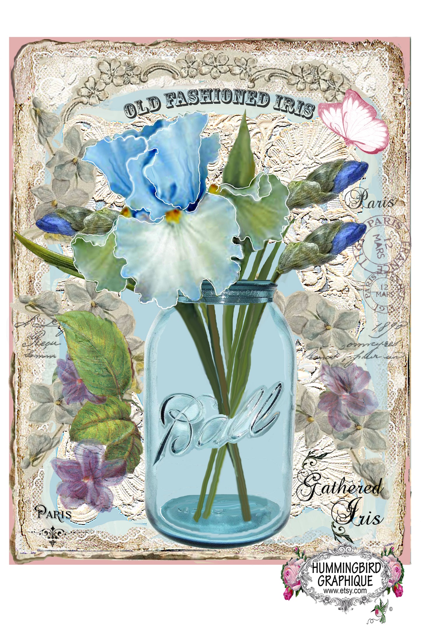 #317 BEAUTIFUL BLUE IRIS IN A COUNTRY JAR - COUNTRY IMAGE