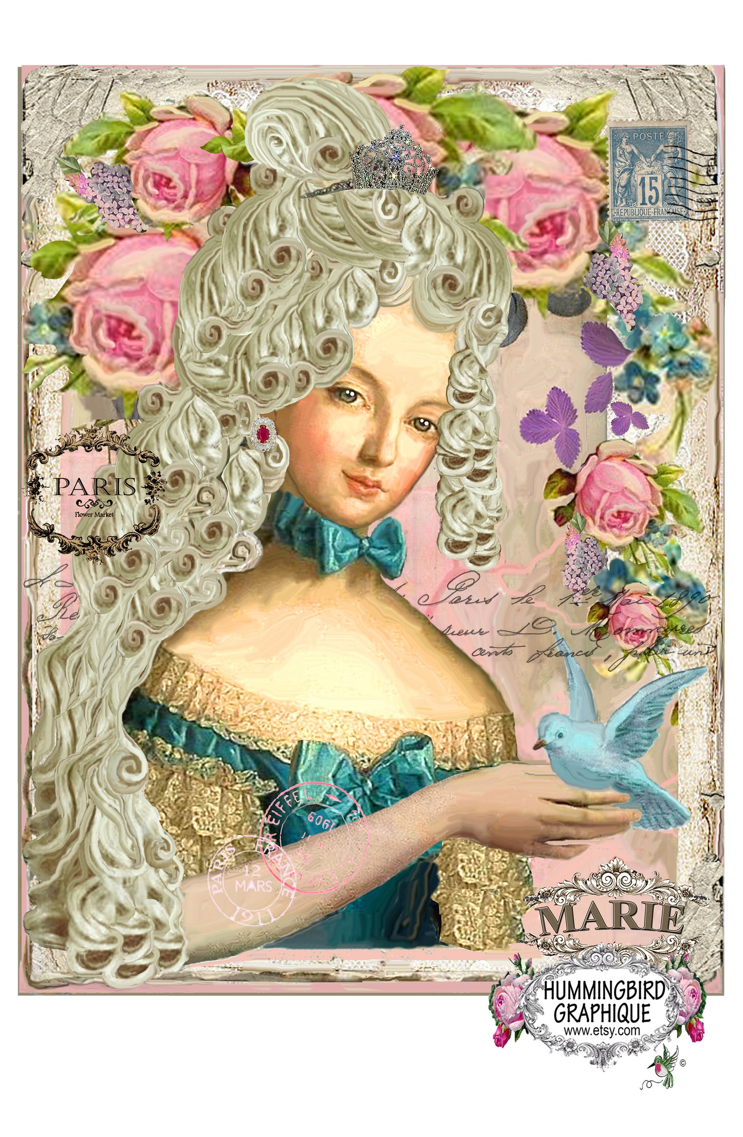 #334 BEAUTIFUL MARIE ANTOINETTE WITH ROSES AND BLUEBIRD - BEAUTIFUL SHABBY IMAGE