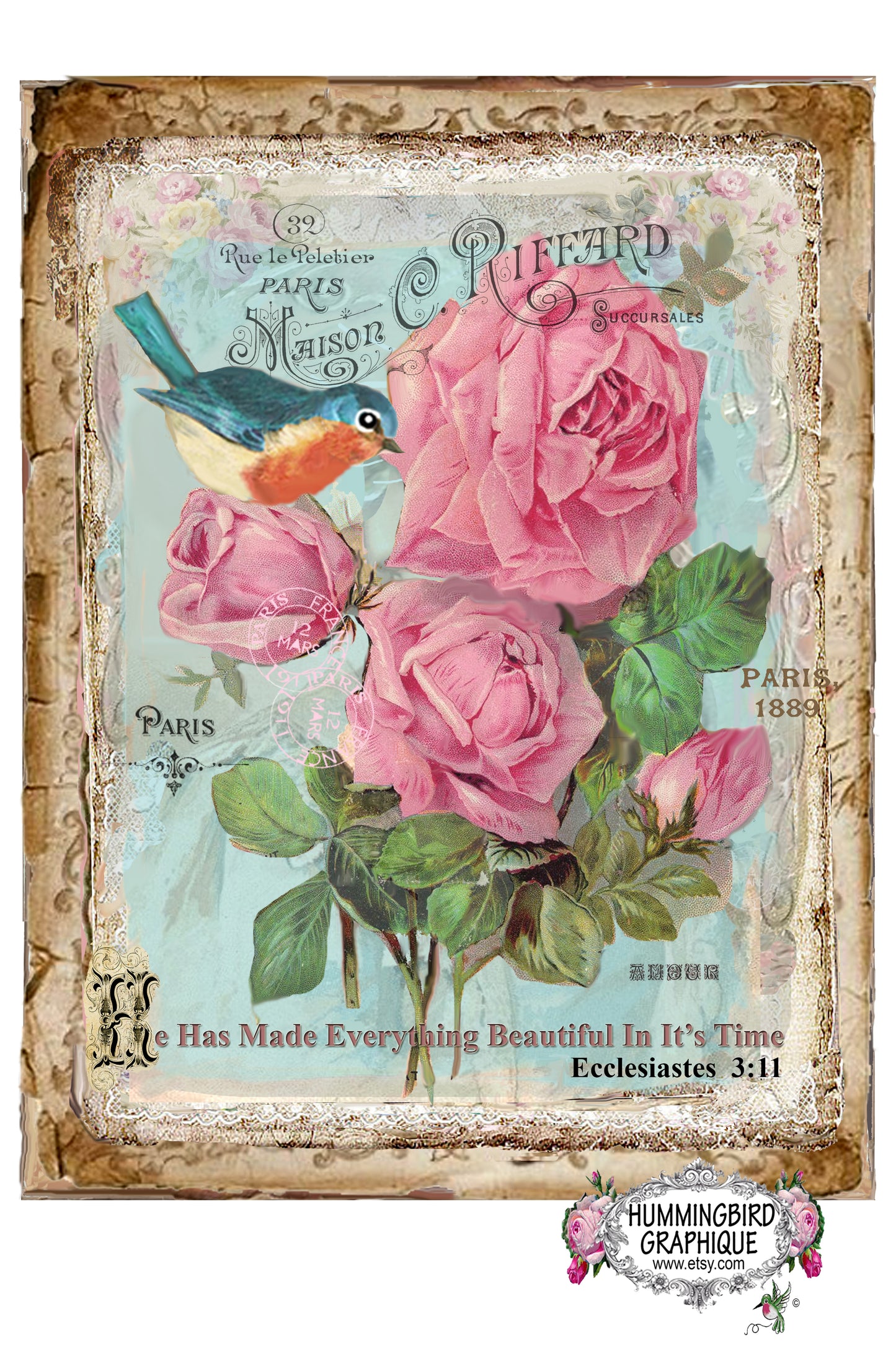 #357 BEAUTIFUL PINK ROSES AND BLUEBIRD - BEAUTIFUL SHABBY IMAGE