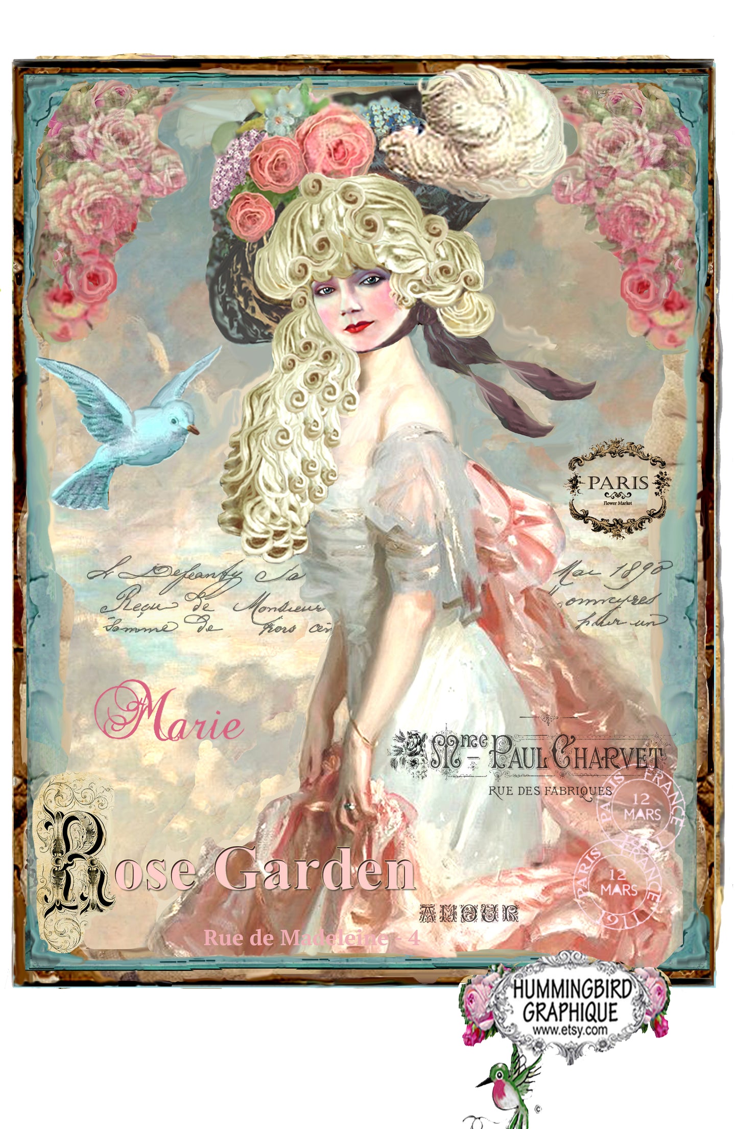 #394 BEAUTIFUL MARIE ANTOINETTE AND BLUEBIRD - BEAUTIFUL SHABBY IMAGE