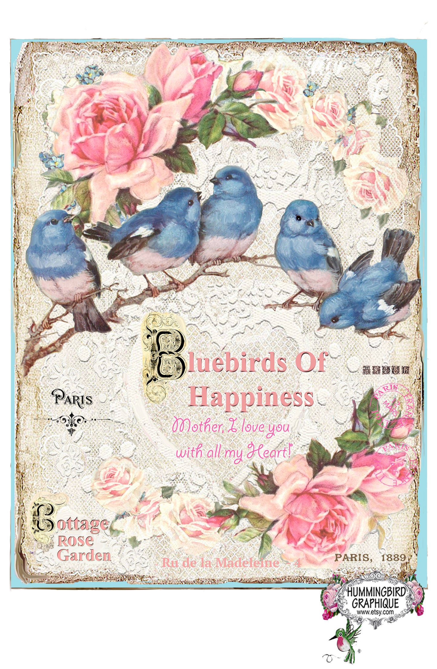 #398 BLUEBIRDS OF HAPPINESS COTTAGE ROSE GARDEN- BEAUTIFUL SHABBY IMAGE
