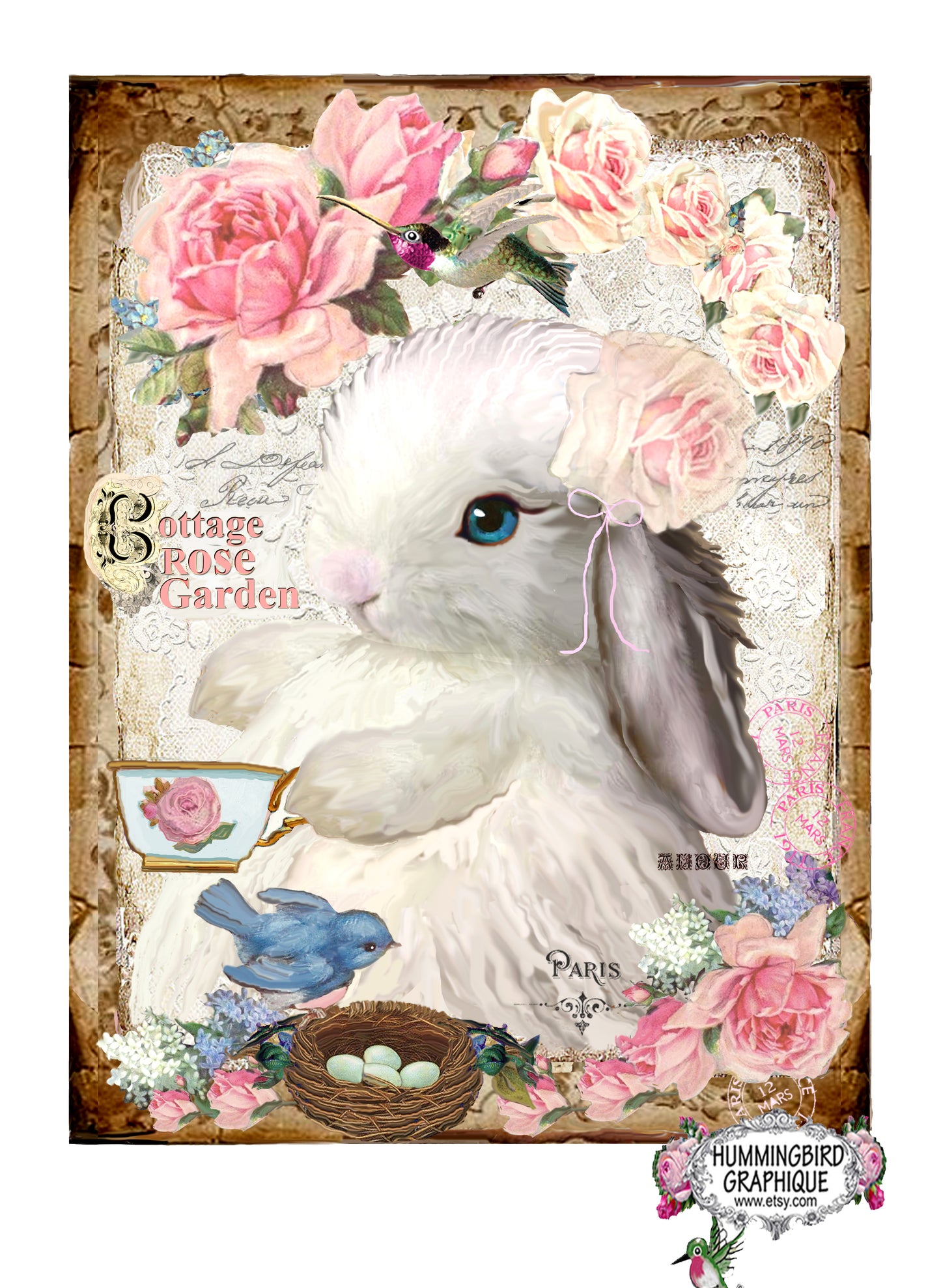 #402 BÉBÉ LAPIN DANS UNE ROSERAIE AVEC UN MERLE BLEU ET DES OEUFS - LAPINS