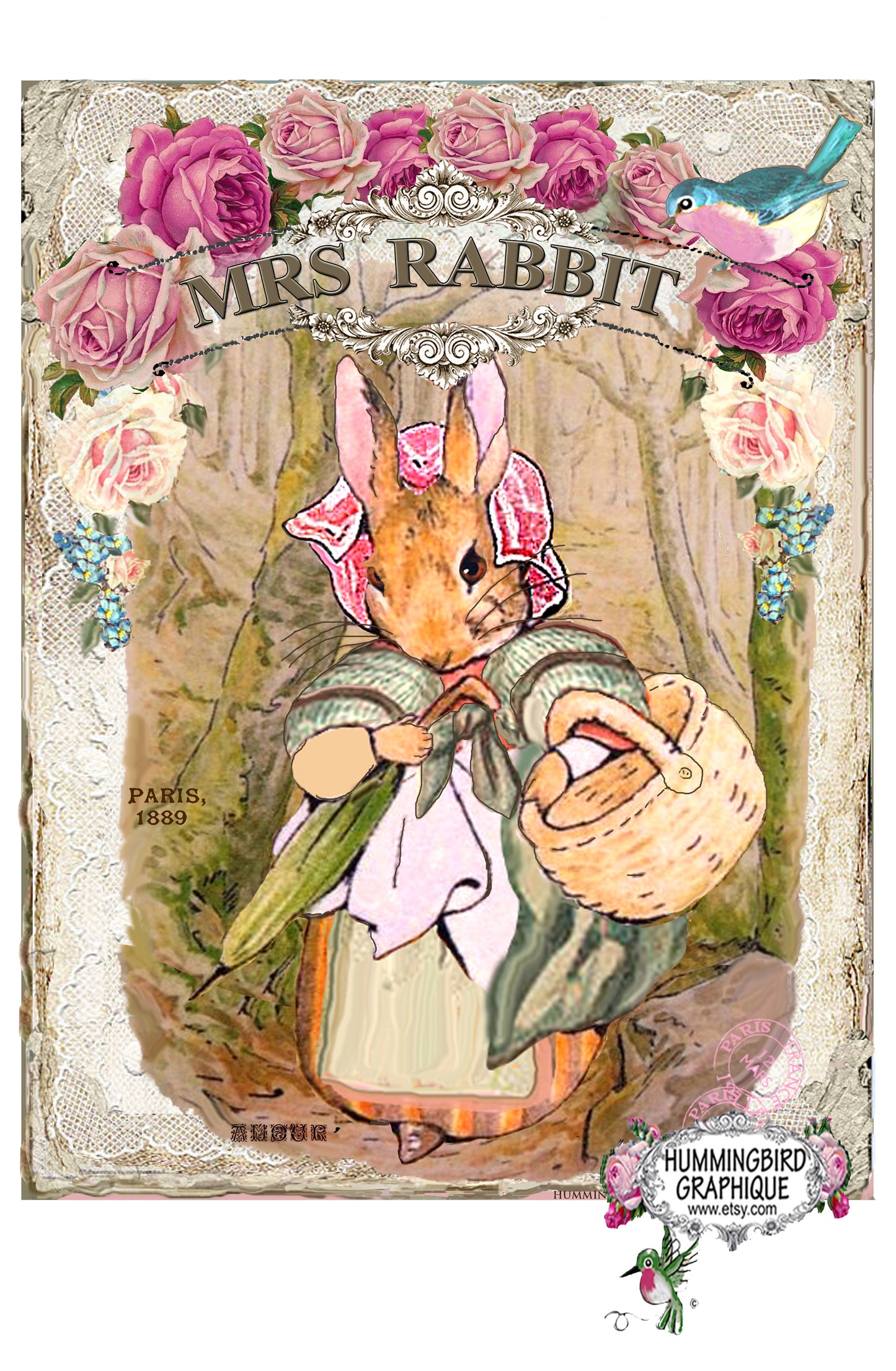 #407 MME LAPIN AVEC SON PANIER ET SON PARAPLUIE BLUEBIRD - LAPINS
