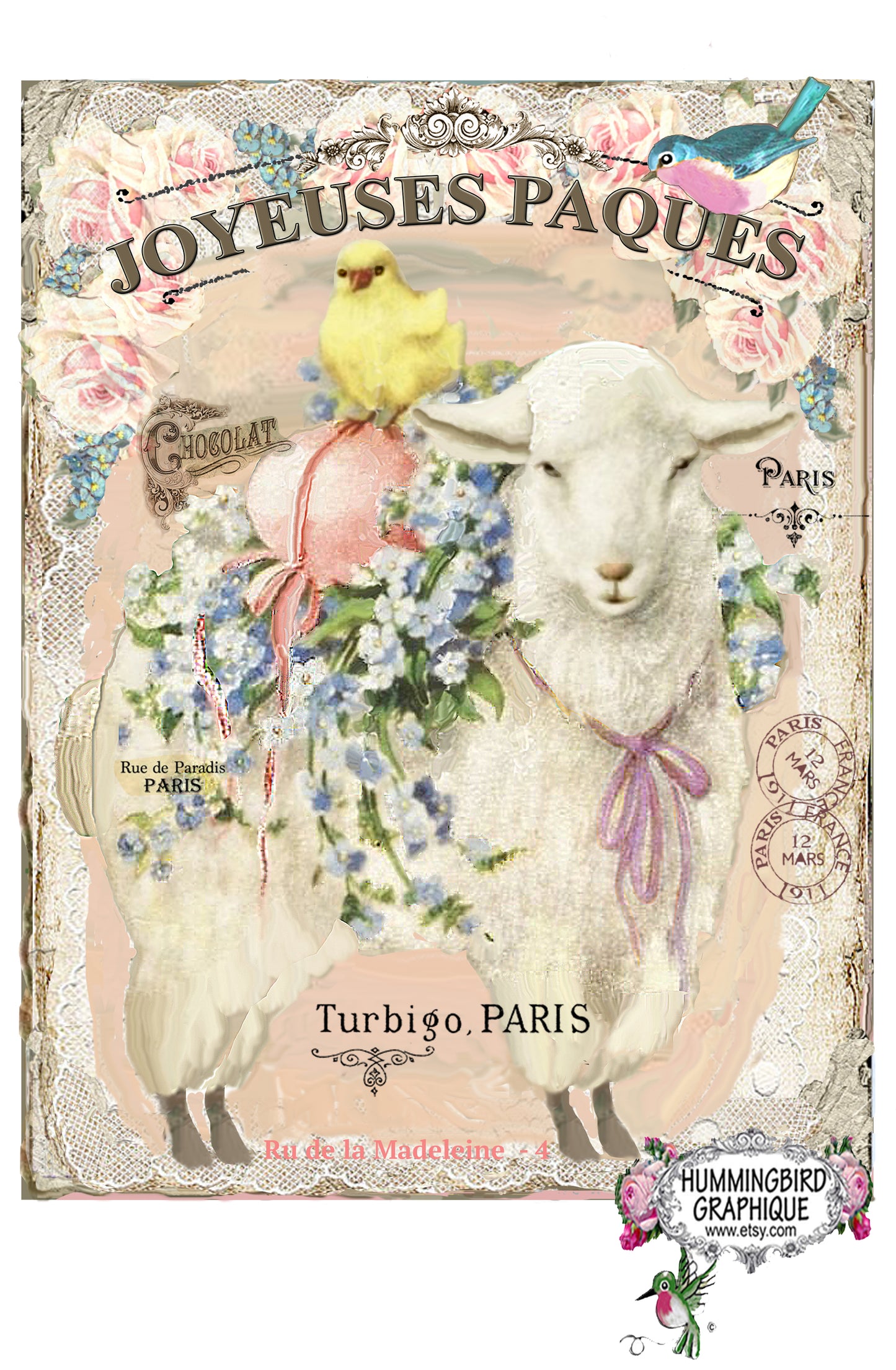 #409 BEAUTIFUL EASTER LAMB WITH BLUEBIRD - BEAUTIFUL SHABBY IMAGE