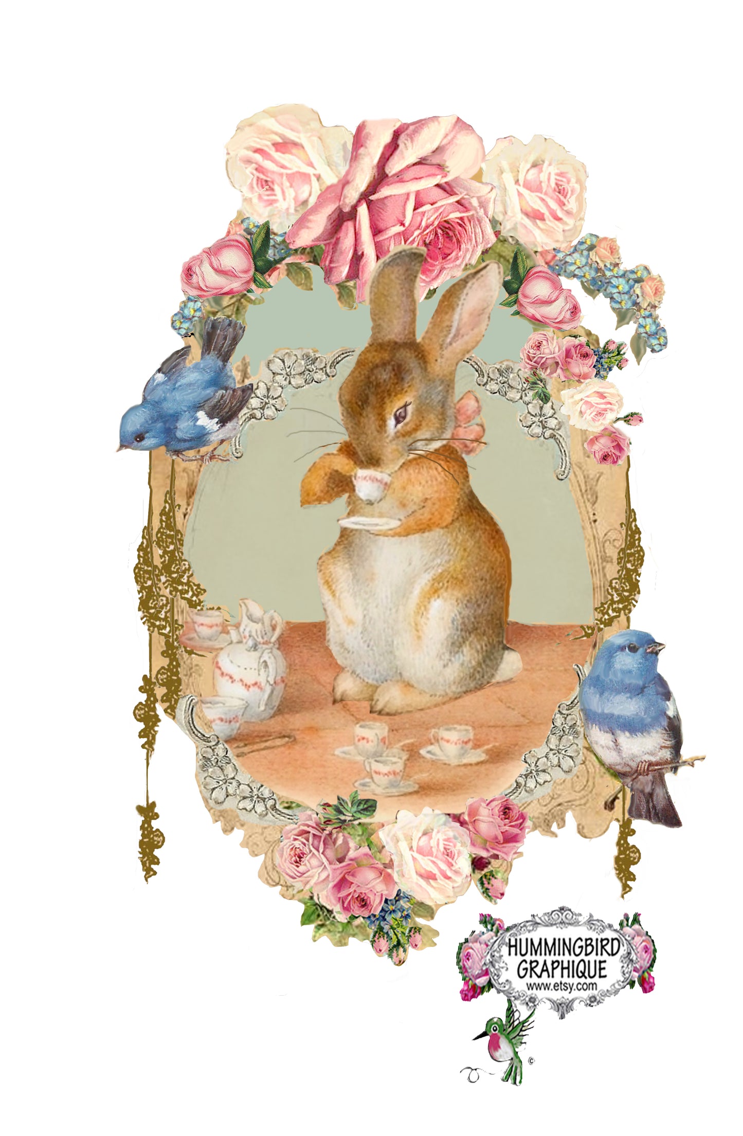#413 BEATRIX POTTER BUNNY DANS UN OVALE AVEC DES OISEAUX BLEUS ET DES ROSES - LAPINS