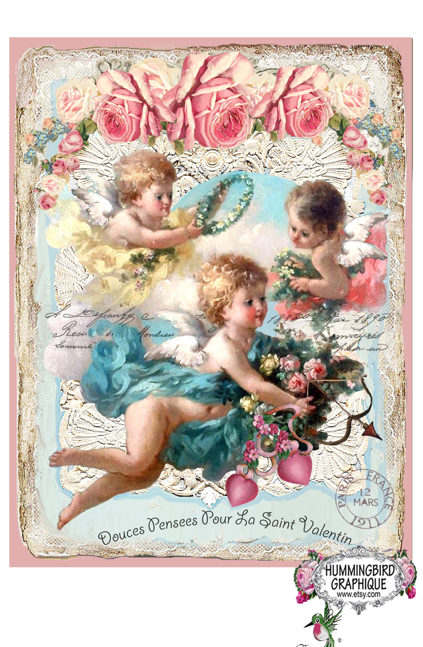 #424 BEAUTIFUL VALENTINE CHERUBS WITH CUPID ARROWS- BEAUTIFUL SHABBY IMAGE
