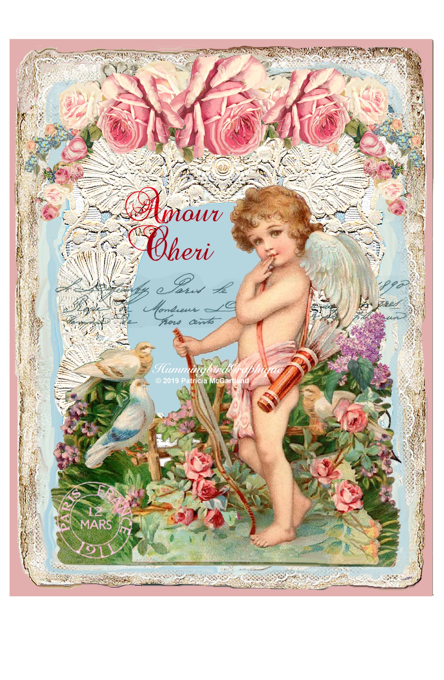 #426 ENCHANTING CHERUB VALENTINE WITH CUPID BOW AND DOVES - BEAUTIFUL SHABBY IMAGE