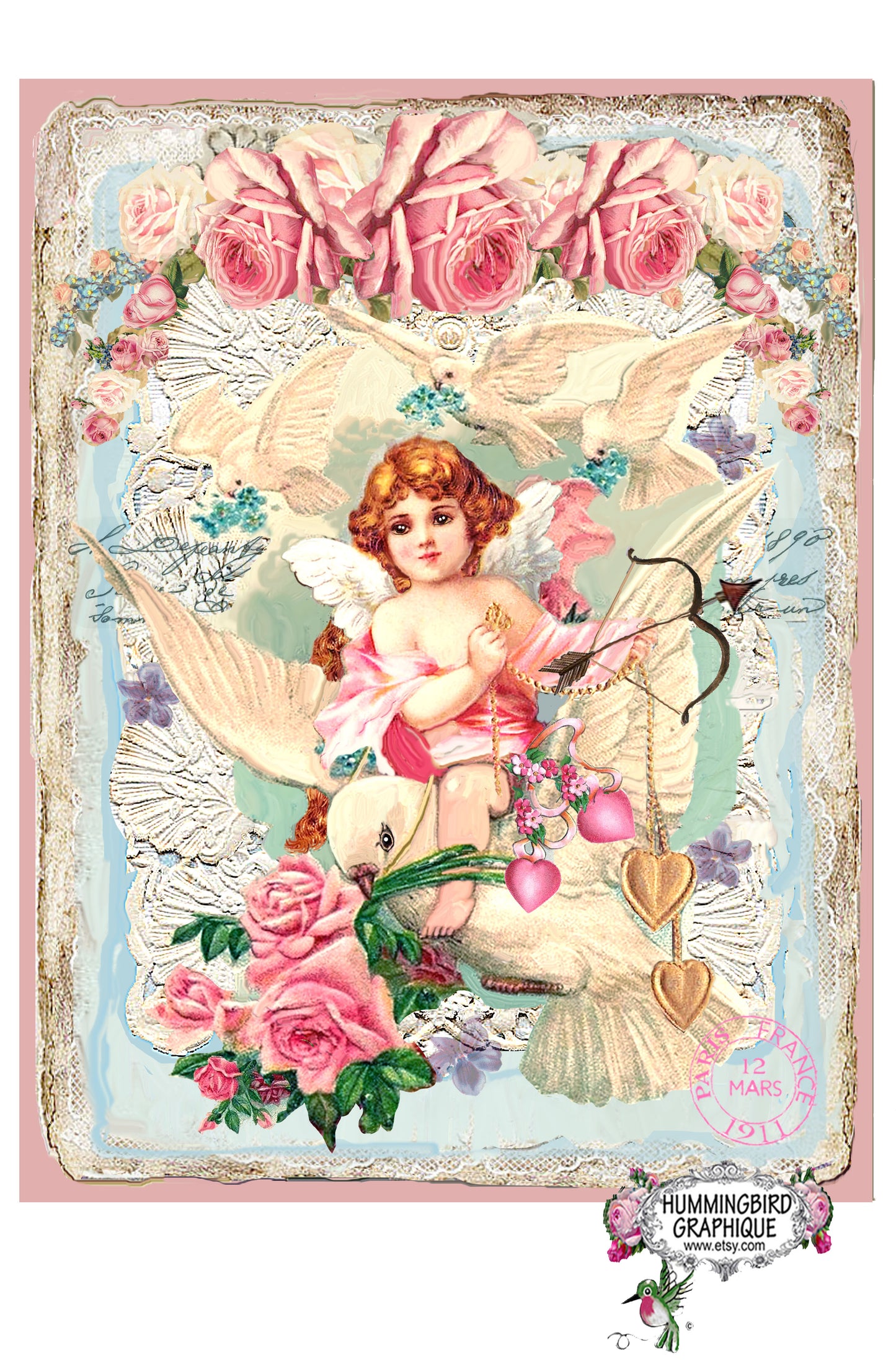 #433 ENCHANTING CHERUB RIDING A WHITE DOVE WITH CUPID BOW AND ARROW - BEAUTIFUL SHABBY IMAGE