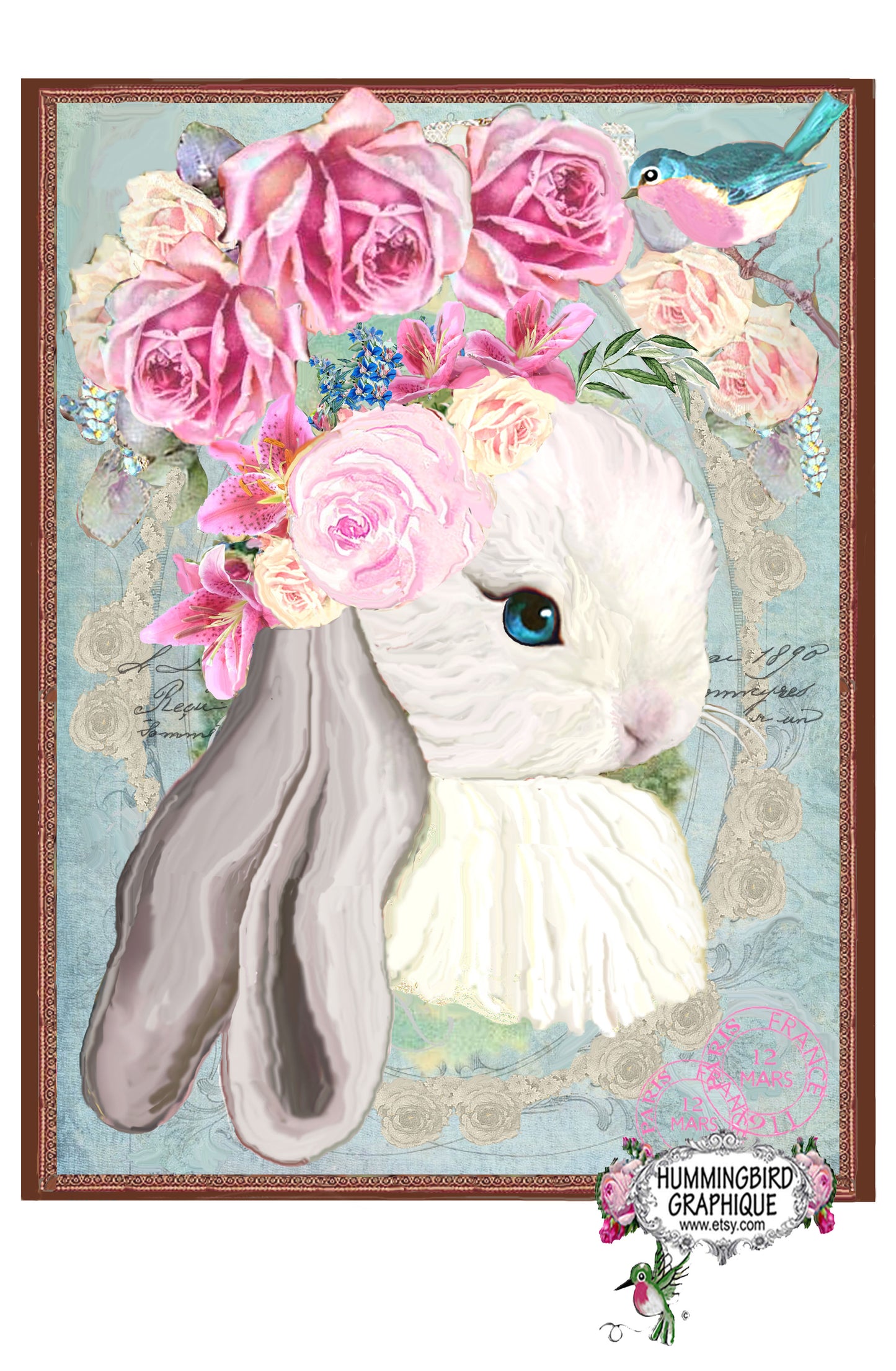 #448 BABY BUNNY WITH PINK ROSES AND BLUEBIRD - BEAUTIFUL SHABBY IMAGE