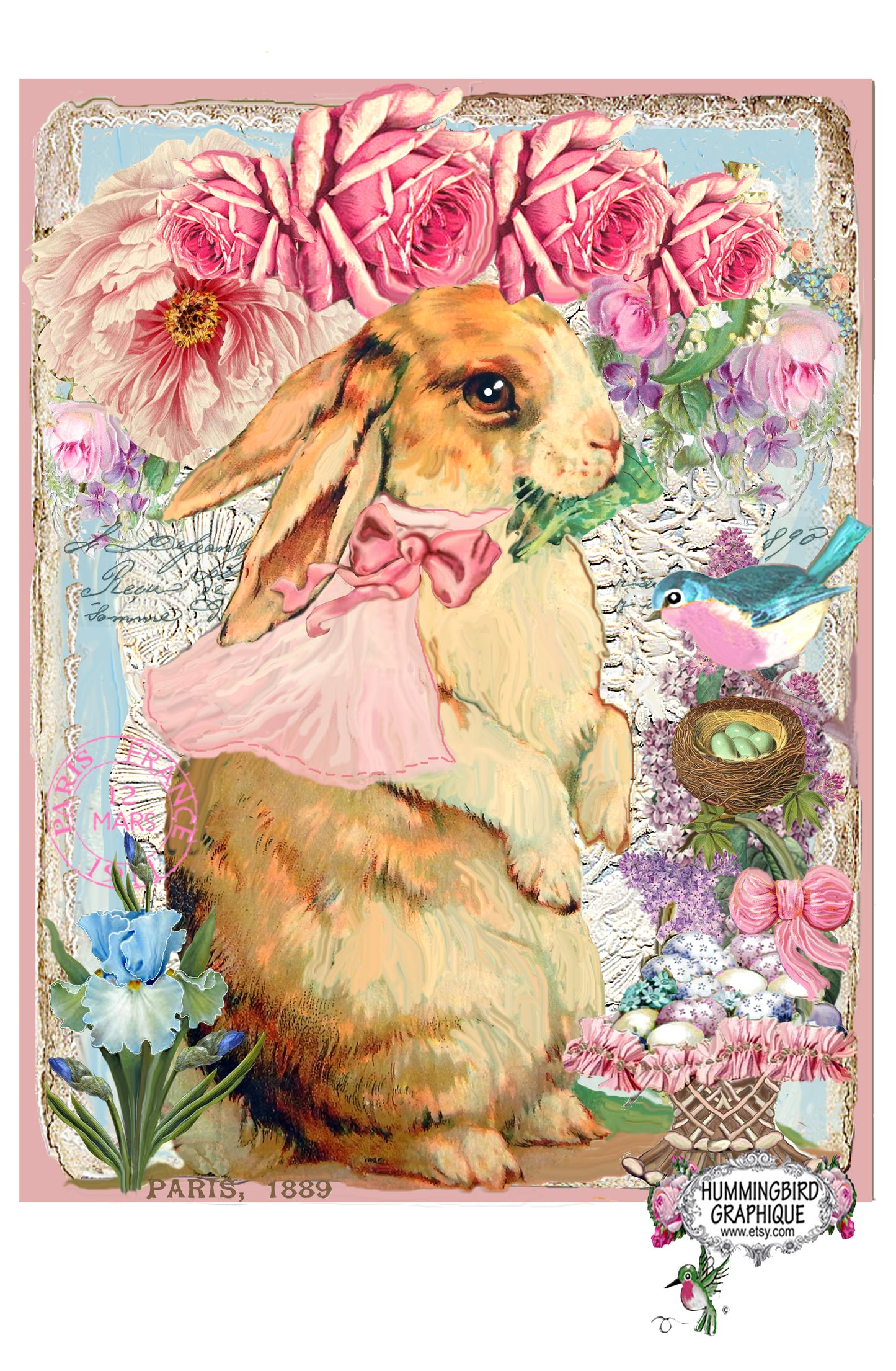#454 LAPIN DE CAMPAGNE AVEC MERLE BLEU ET PANIER DE PÂQUES - LAPINS