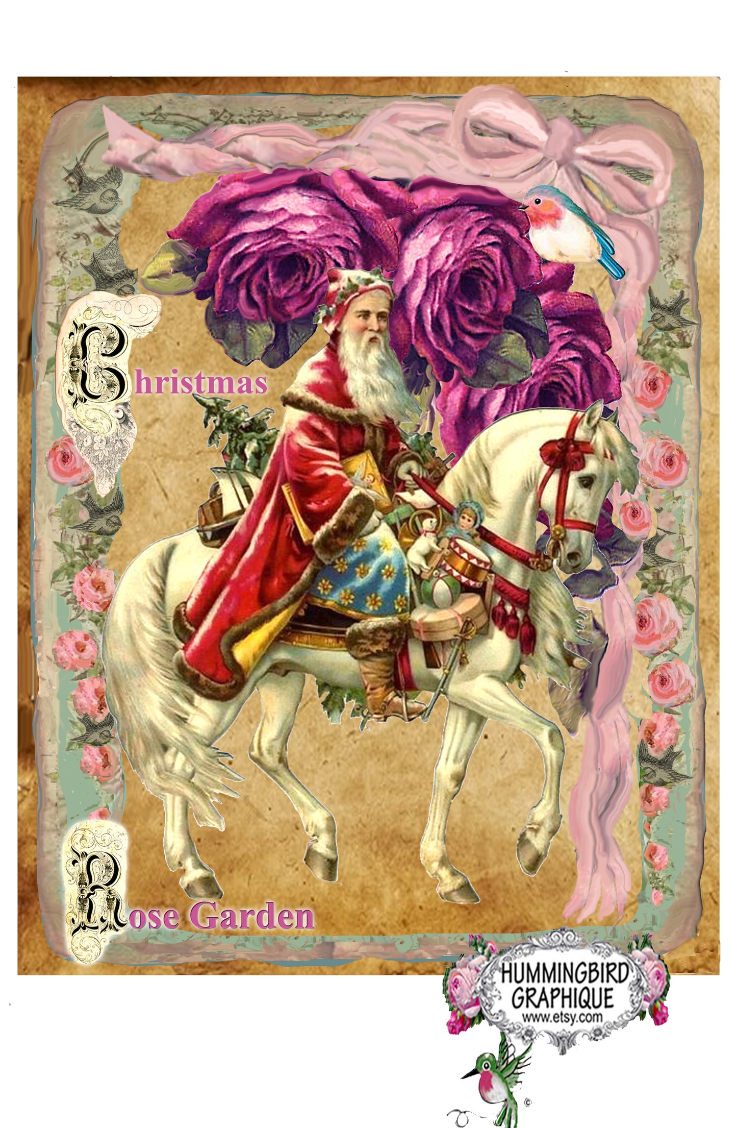 #545 CHRISTMAS ROSE GARDEN WITH BEAUTIFUL SANTA AND HORSE - CHRISTMAS