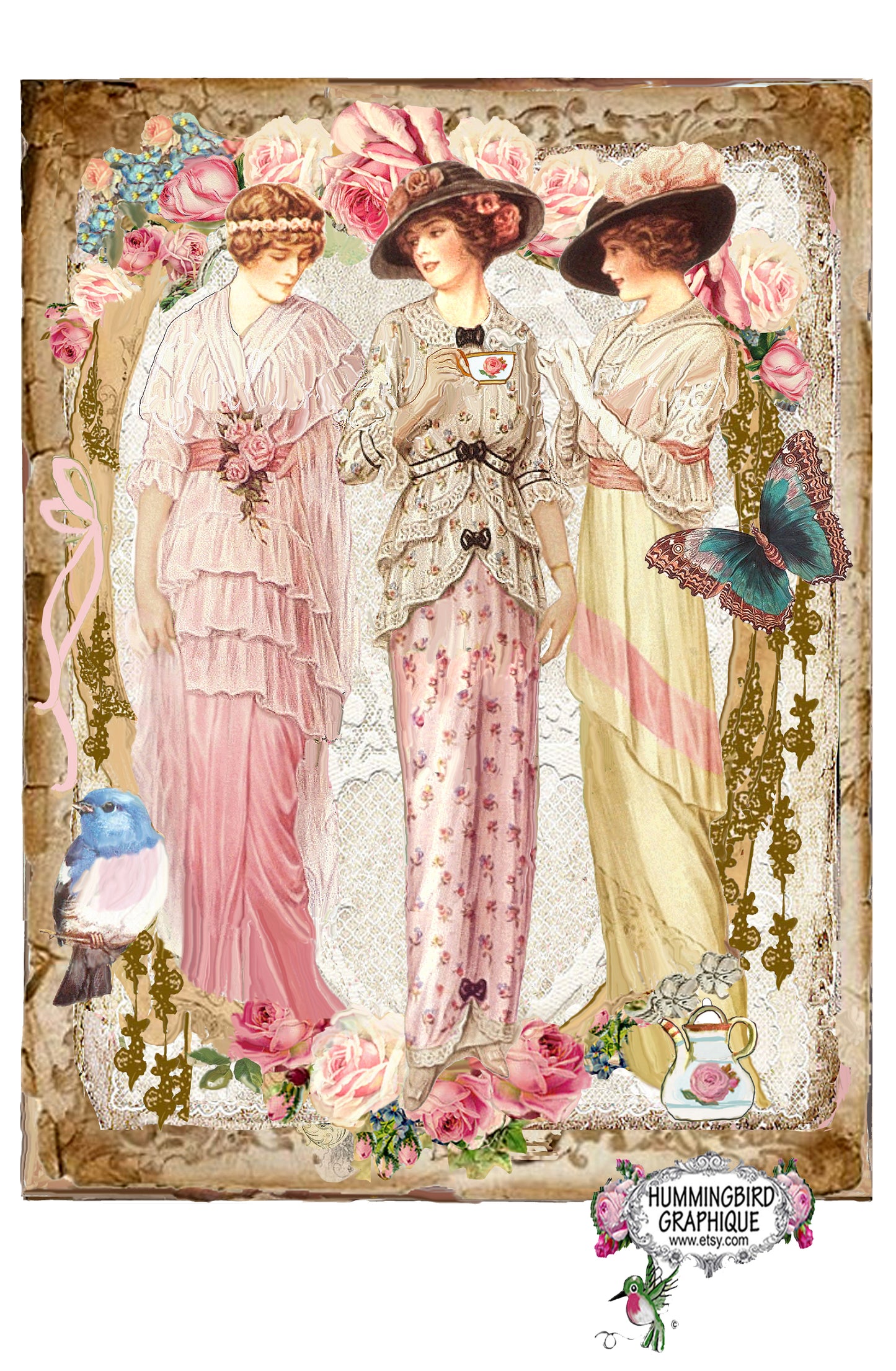 #551 BEAUTIFUL ELEGANT VICTORIAN LADIES TEATIME- BEAUTIFUL SHABBY IMAGE
