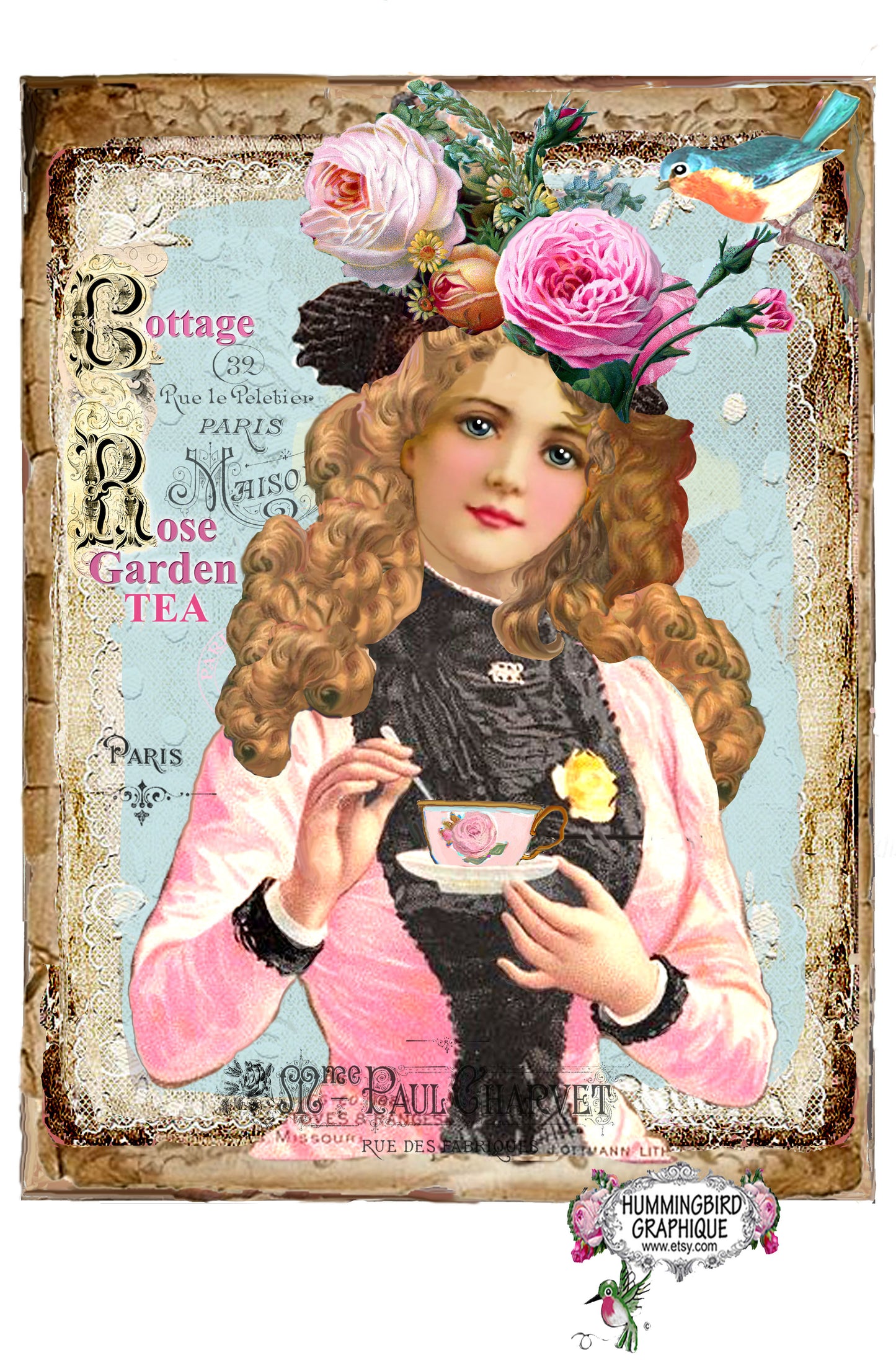 #555 BEAUTIFUL VICTORIAN COTTAGE ROSE GARDEN TEA LADY- BEAUTIFUL SHABBY IMAGE