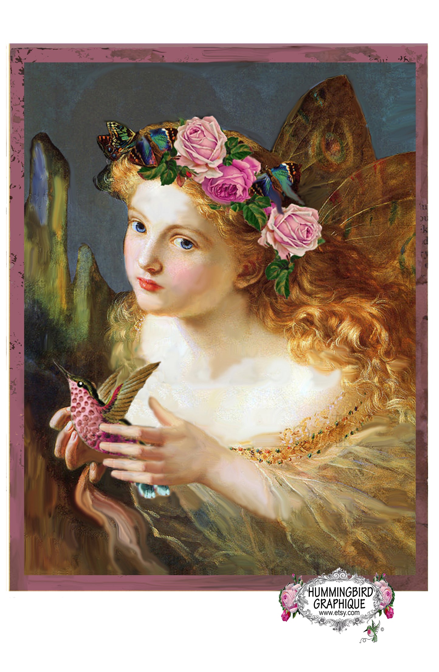 #55 BEAUTIFUL FAIRY WITH HUMMINGBIRD - BEAUTIFUL SHABBY IMAGE