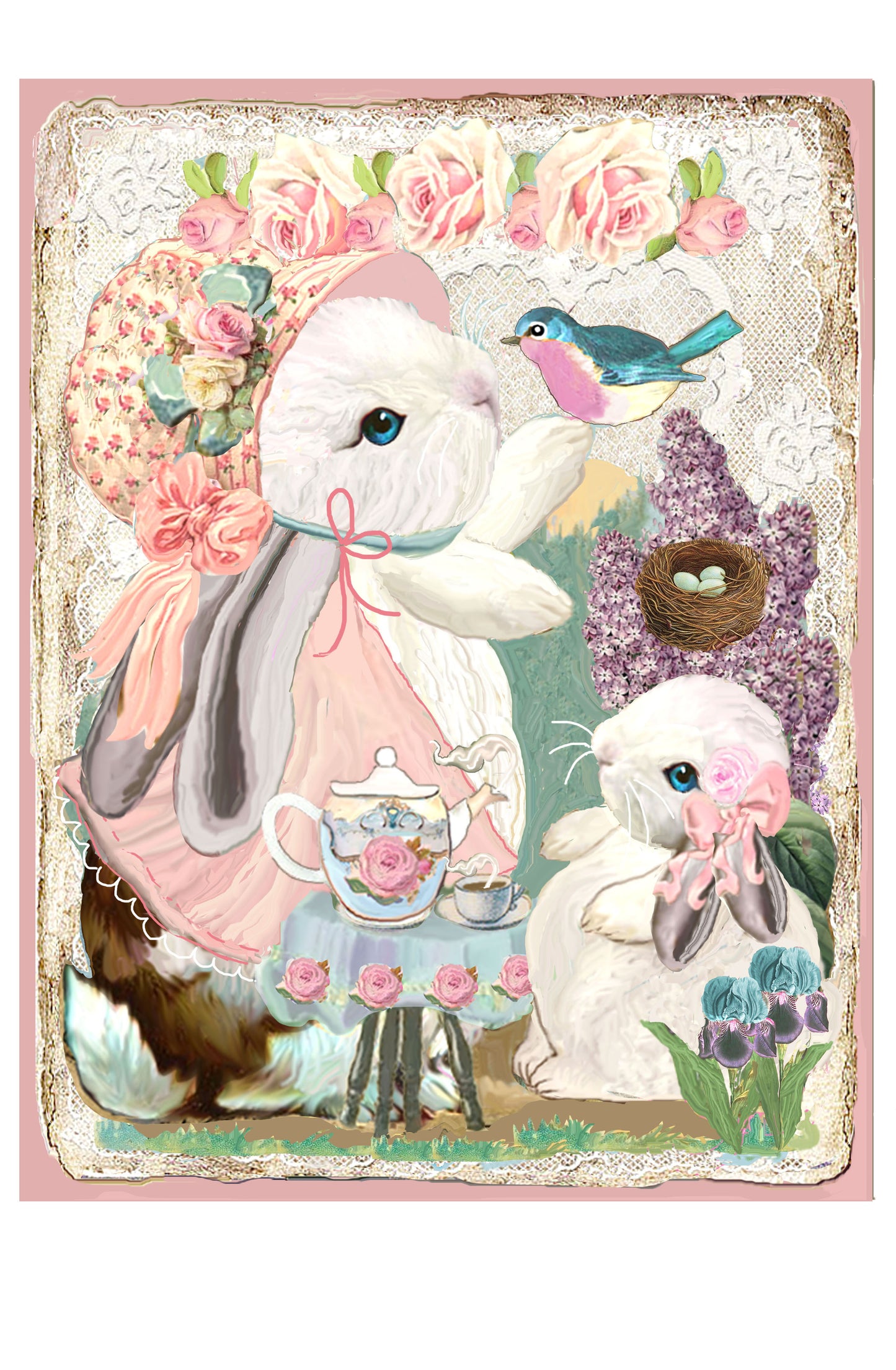 #573 MOTHER AND BABY BUNNY IN THE LILAC GARDEN TEA TIME- BEAUTIFUL SHABBY IMAGE