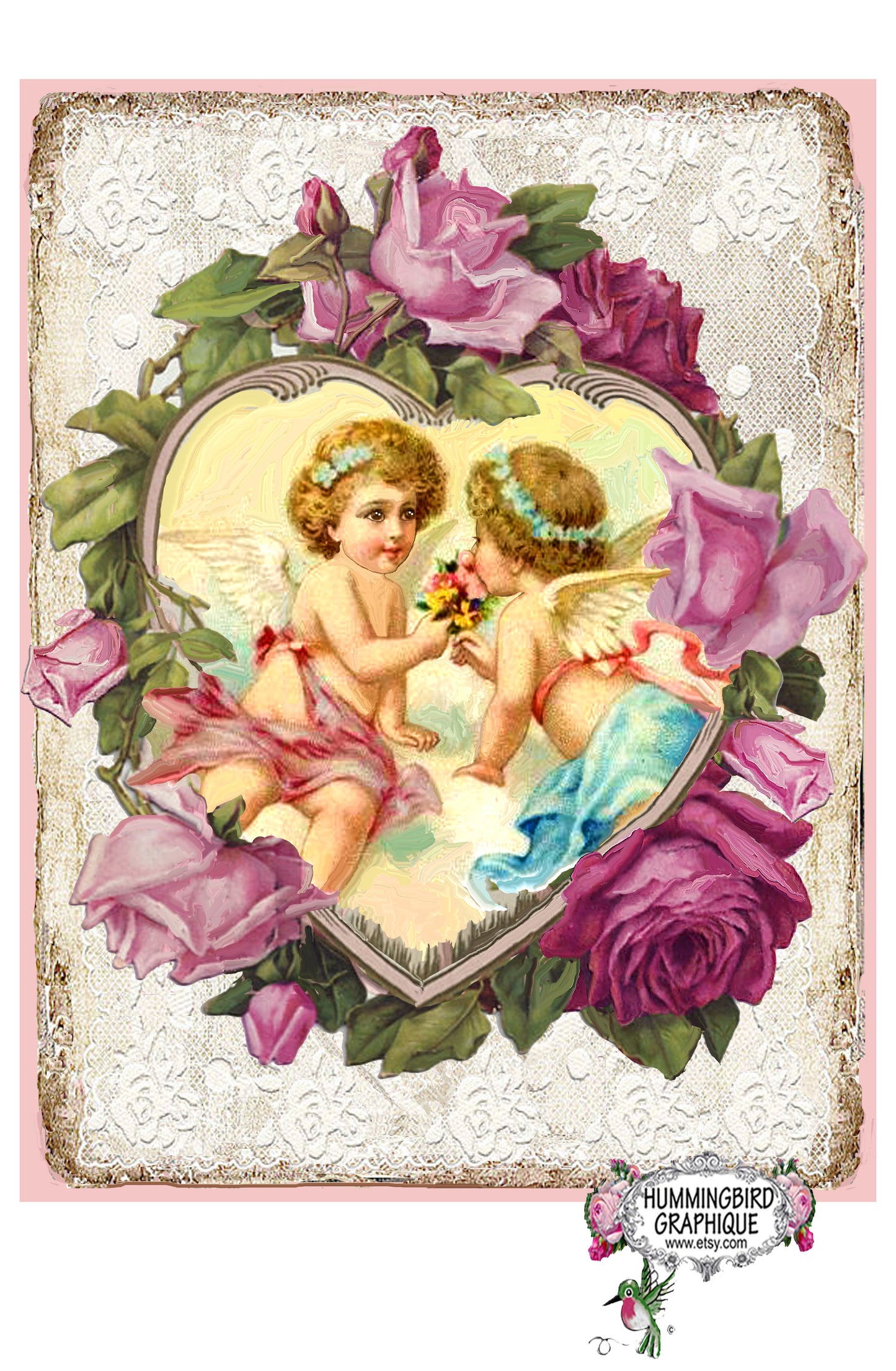 #582 CHARMING CUPIDS IN HEART WITH ROSES - BEAUTIFUL SHABBY IMAGE