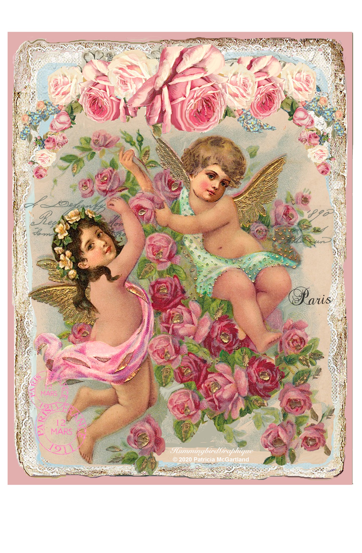 #588 BEAUTIFUL CUPID AND CASCADING ROSES - BEAUTIFUL SHABBY IMAGE