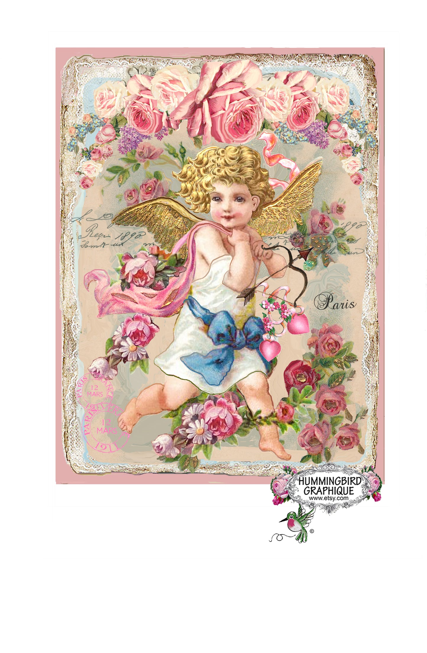 #589 BEAUTIFUL CUPID GIRL WITH BOW ARROW AND ROSES - BEAUTIFUL SHABBY IMAGE