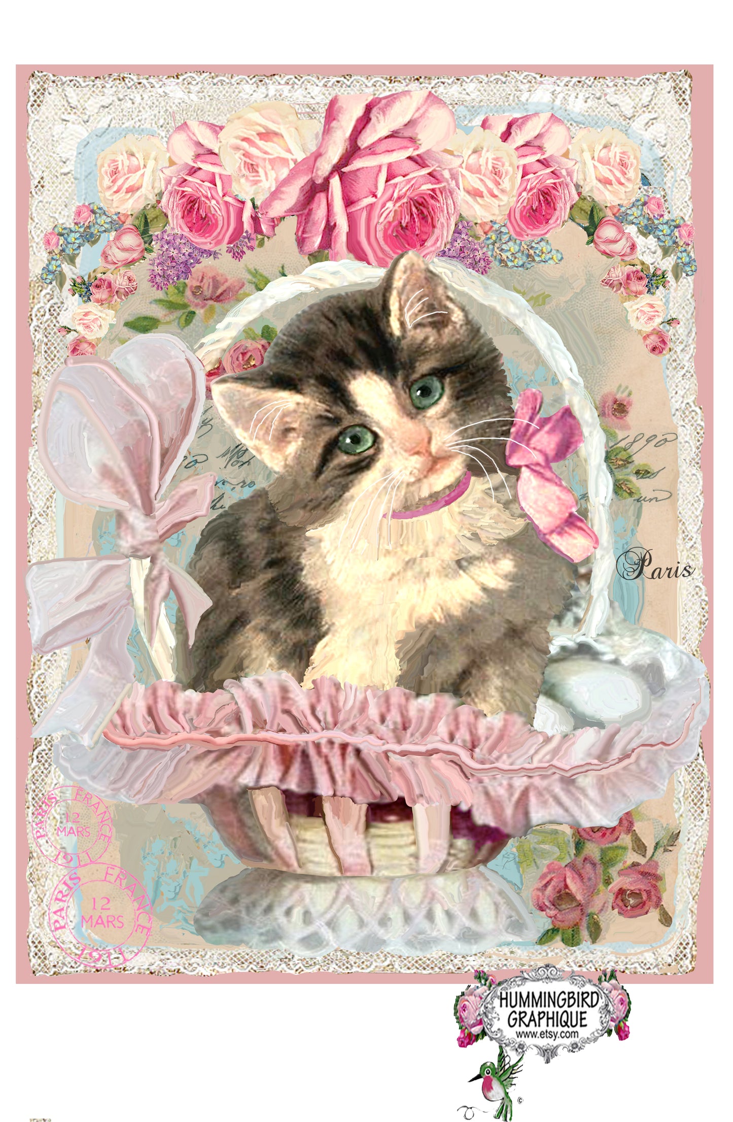 #591 BEAUTIFUL KITTEN IN BASKET WITH ROSES- BEAUTIFUL SHABBY IMAGE