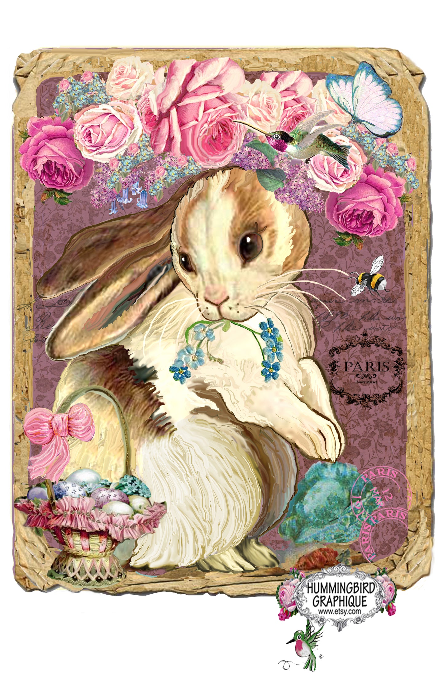 #598 BEAU LAPIN AVEC PANIER DE PÂQUES ROSES ET COLIBRI - LAPINS