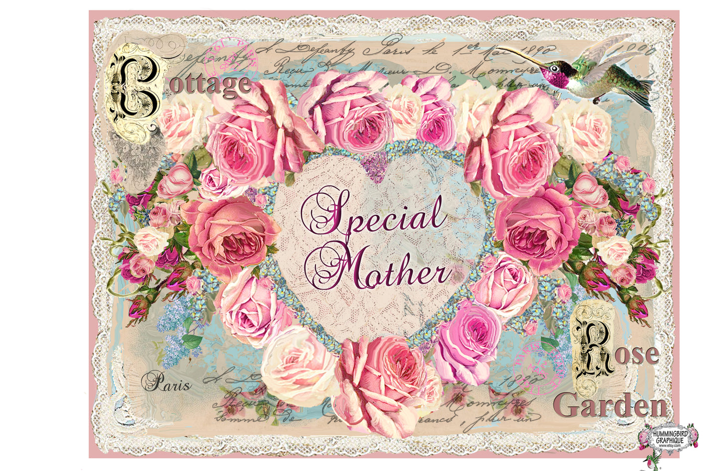 #600 BEAUTIFUL VALENTINE COTTAGE ROSE GARDEN HEART OF ROSES AND HUMMINGBIRD - BEAUTIFUL SHABBY IMAGE