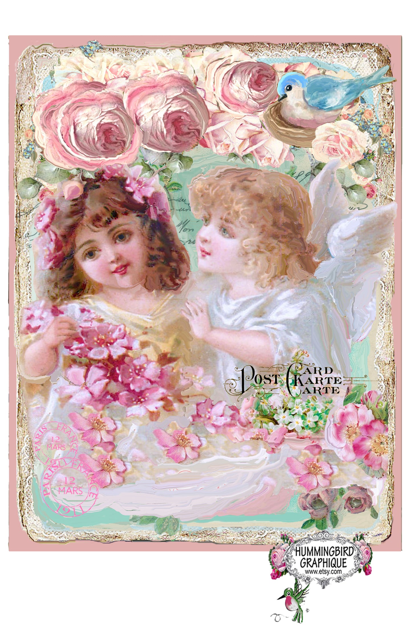 #688 BEAUTIFUL CHERUB ANGELS WITH BLUEBIRD AND CASCADING ROSES - BEAUTIFUL SHABBY IMAGE