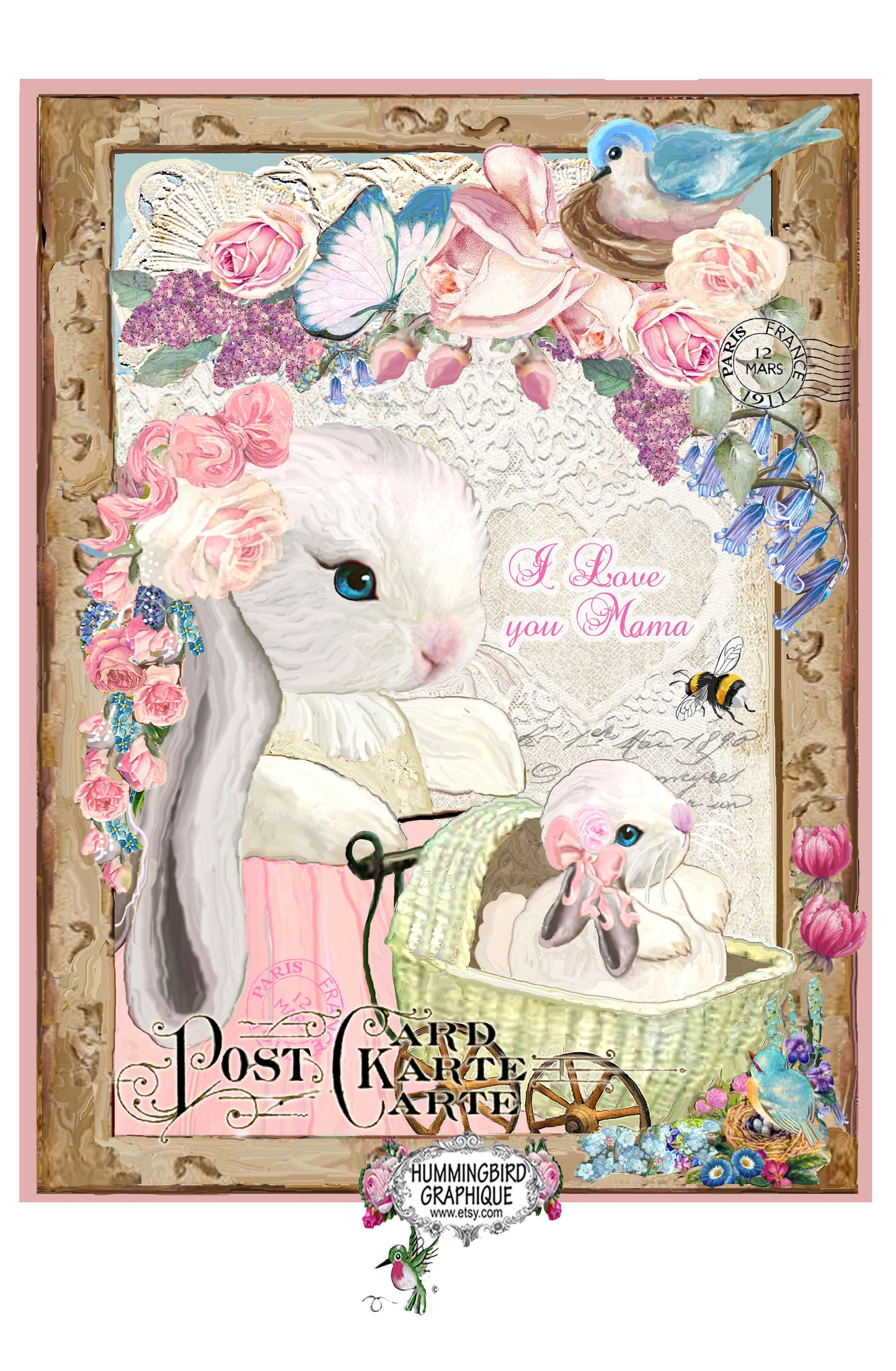 #604 PRÉCIEUSE MAMAN LAPIN AVEC BÉBÉ LAPIN SAINT-VALENTIN - LAPINS