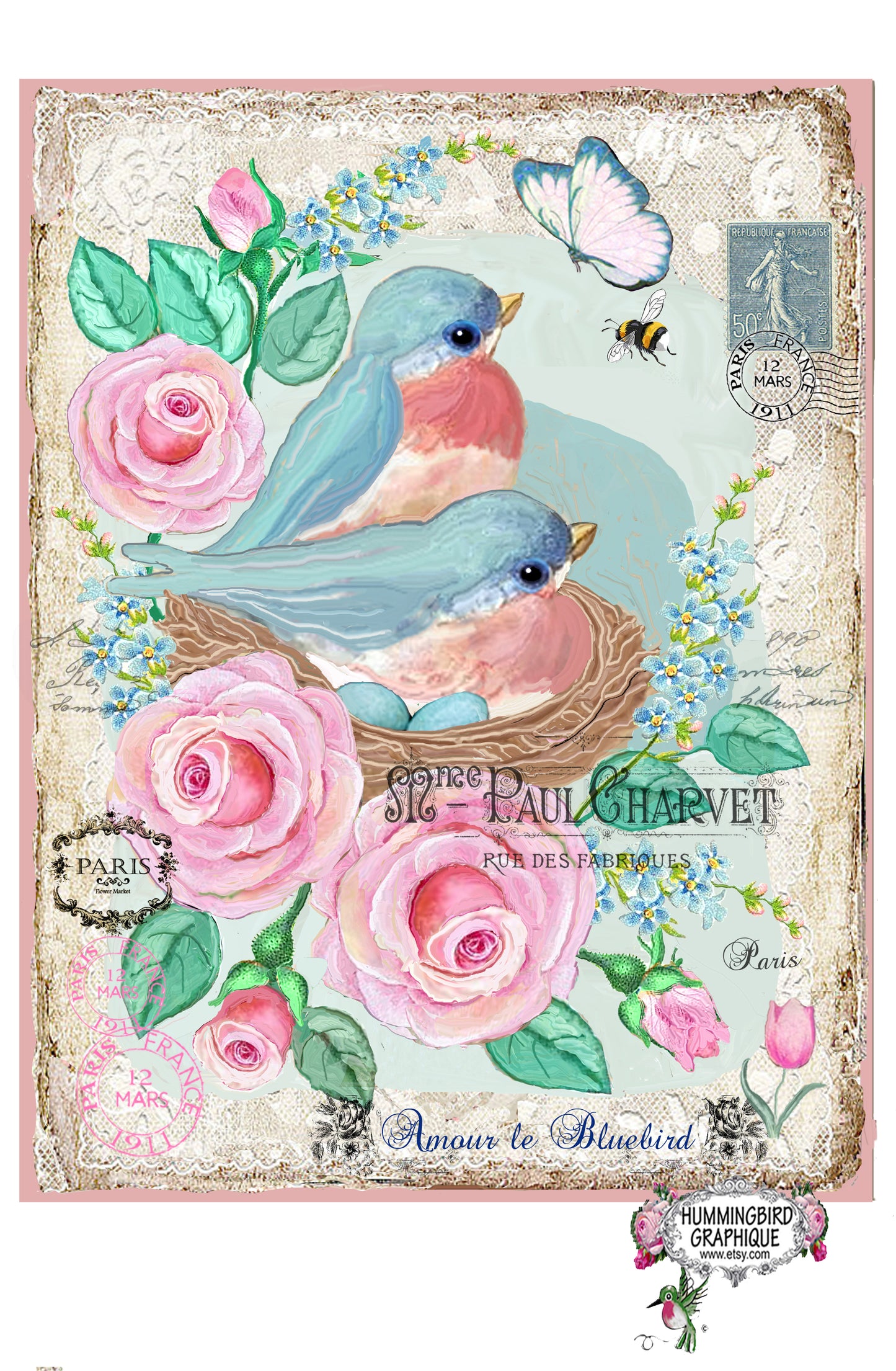 #617 BEAUTIFUL BLUEBIRDS IN NEST WITH ROSES AND BEE - BEAUTIFUL SHABBY IMAGE