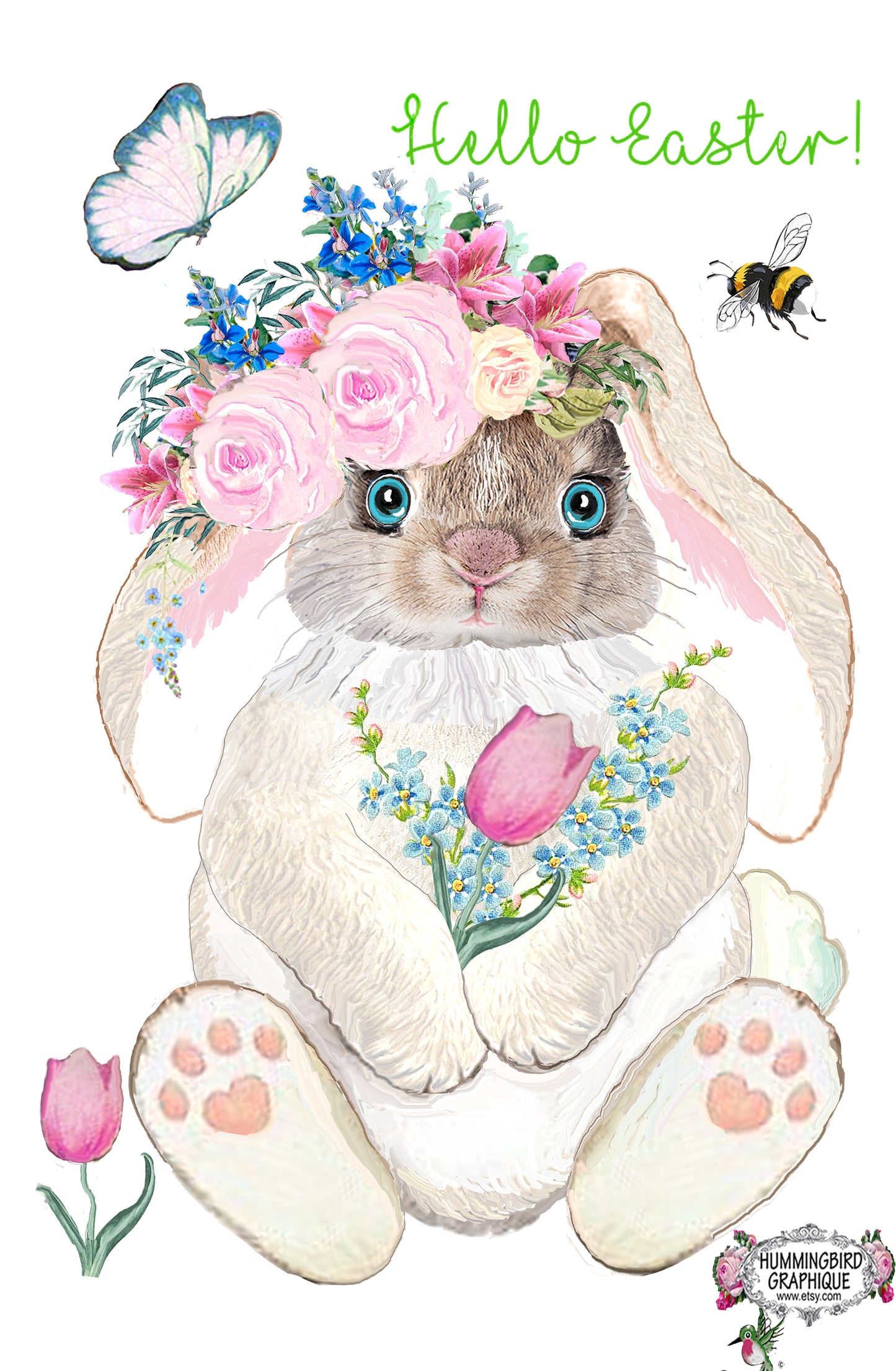#619 PRÉCIEUX BÉBÉ LAPIN DE PÂQUES AVEC TULIPES PAPILLON ROSES - LAPINS