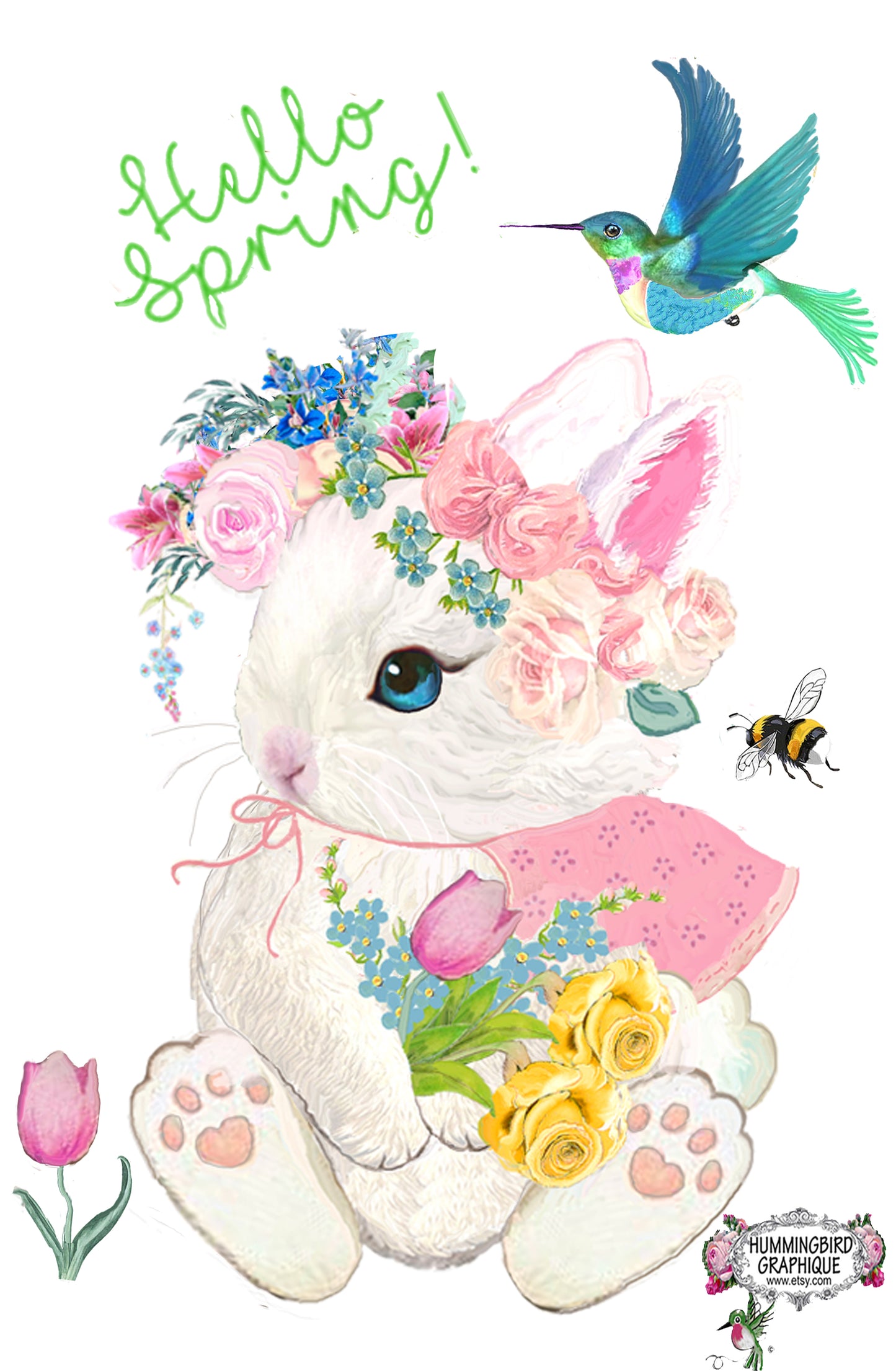 #1004 PRÉCIEUX BÉBÉ LAPIN BONJOUR LE PRINTEMPS AVEC COLIBRI TULIPE JONQUILLES ET ABEILLE