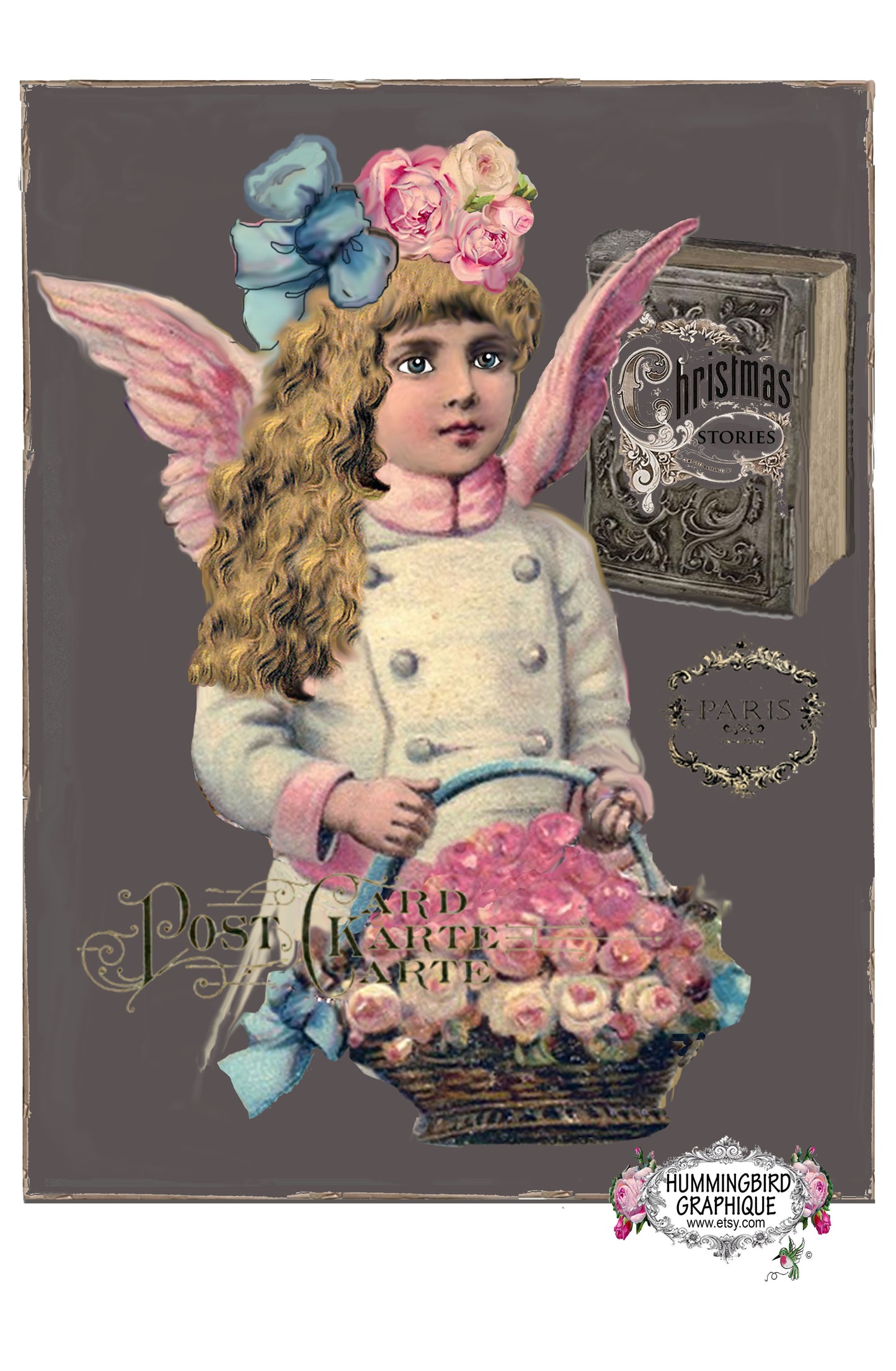 #69 CHALKBOARD BEAUTIFUL ANGEL WITH BASKET OF ROSES AND CHRISTMAS BOOK - BEAUTIFUL SHABBY IMAGE