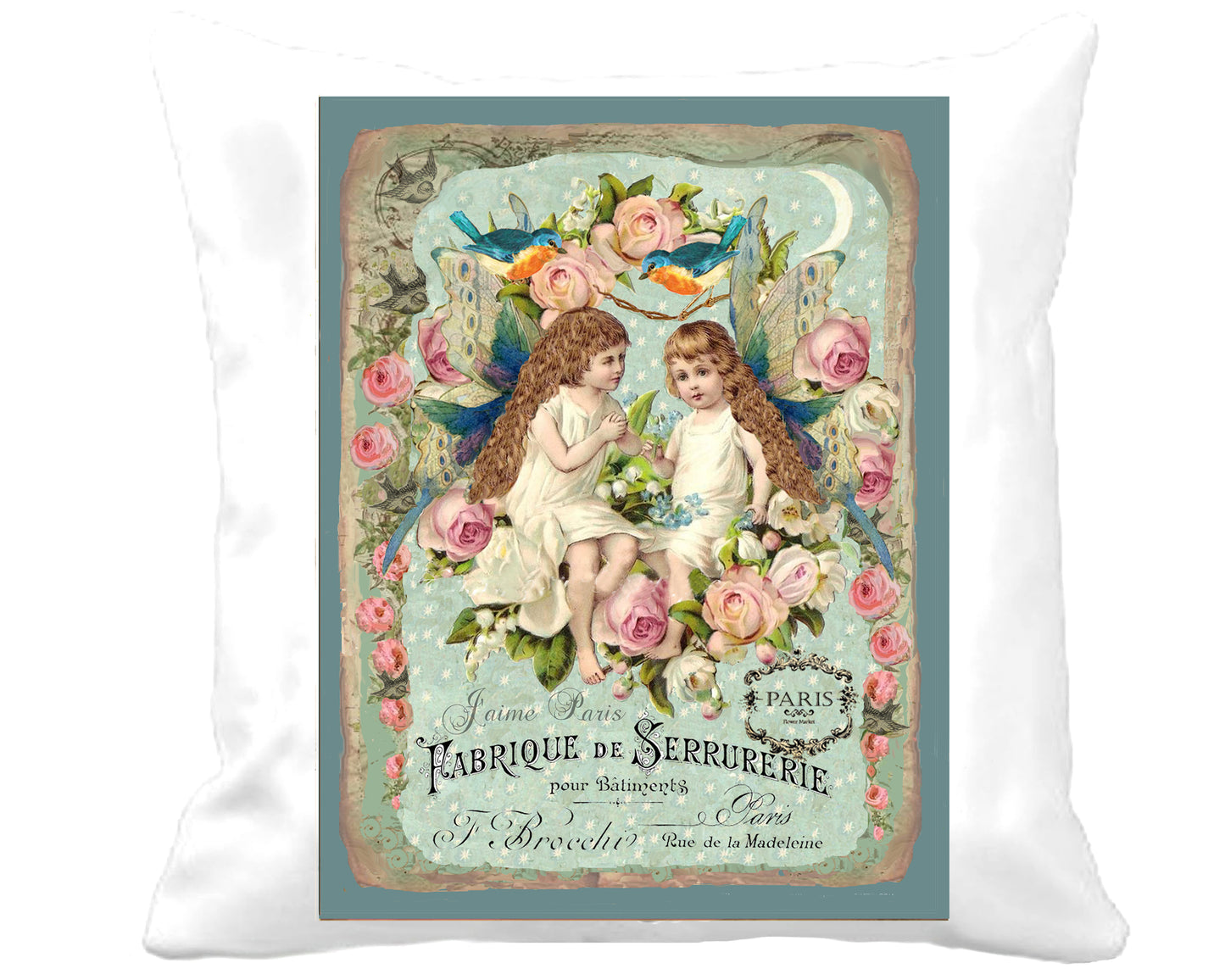 #73 LITTLE FAIRIES BLUEBIRDS AND ROSES - BEAUTIFUL SHABBY IMAGE