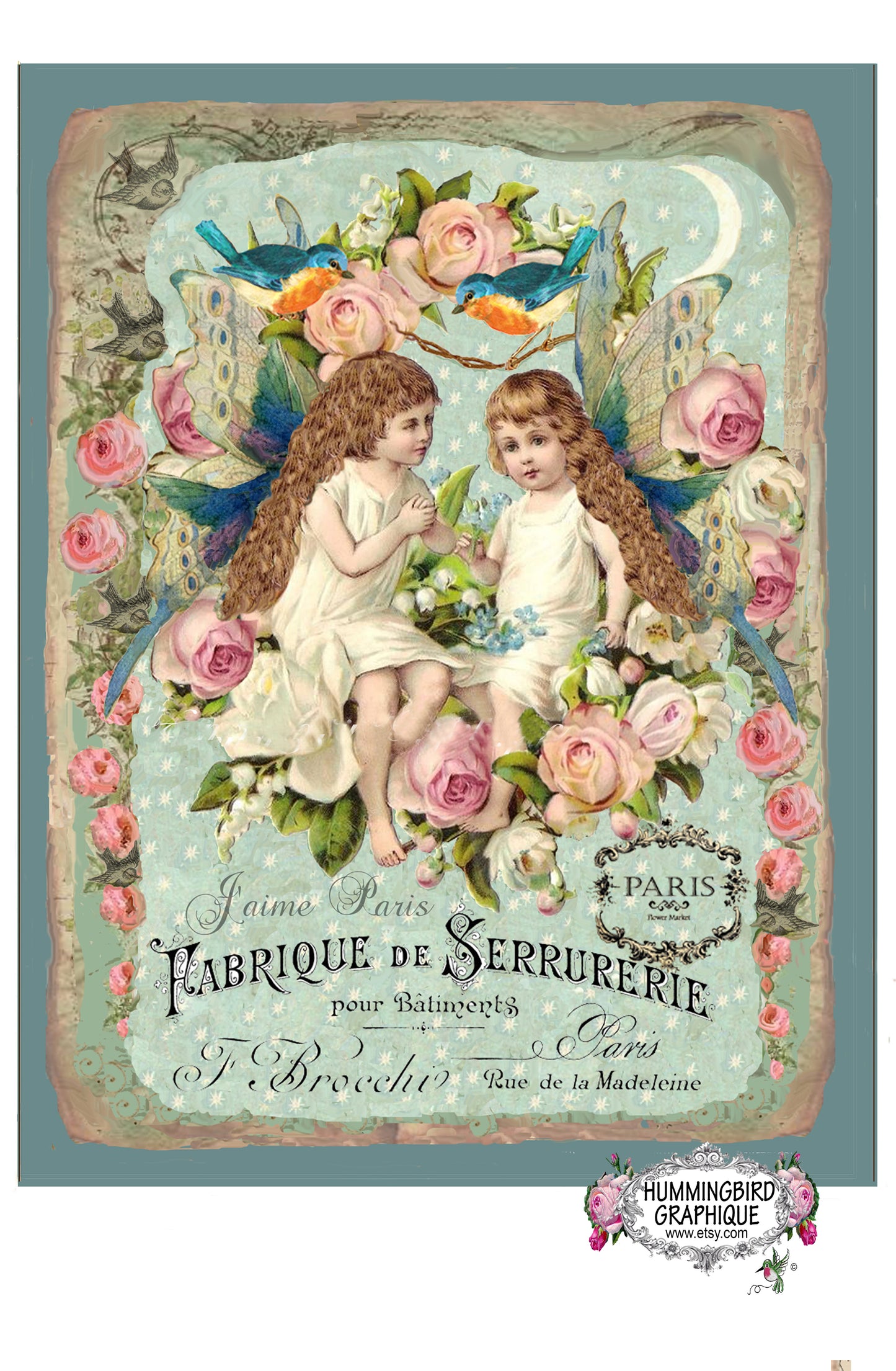 #73 LITTLE FAIRIES BLUEBIRDS AND ROSES - BEAUTIFUL SHABBY IMAGE