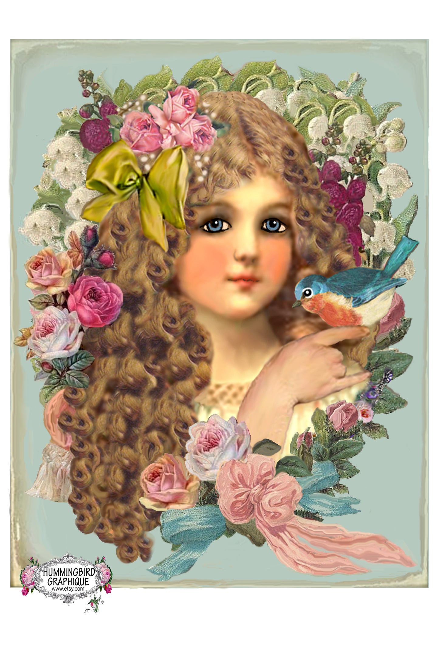 #87 CHARMING VICTORIAN GIRL AND BLUEBIRD - BEAUTIFUL SHABBY IMAGE