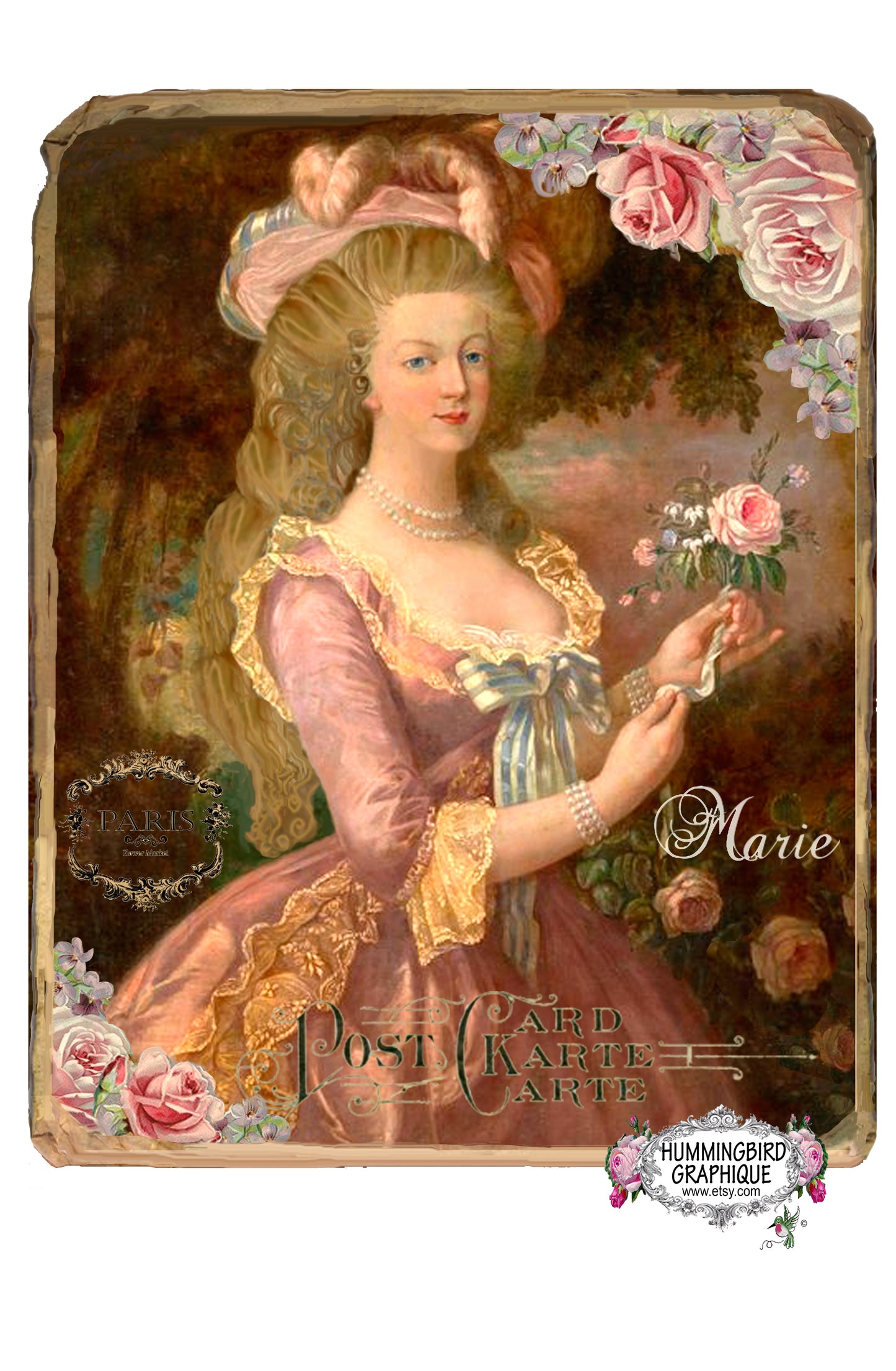 #91 BEAUTIFUL MARIE ANTOINETTE WITH ROSE- BEAUTIFUL SHABBY IMAGE