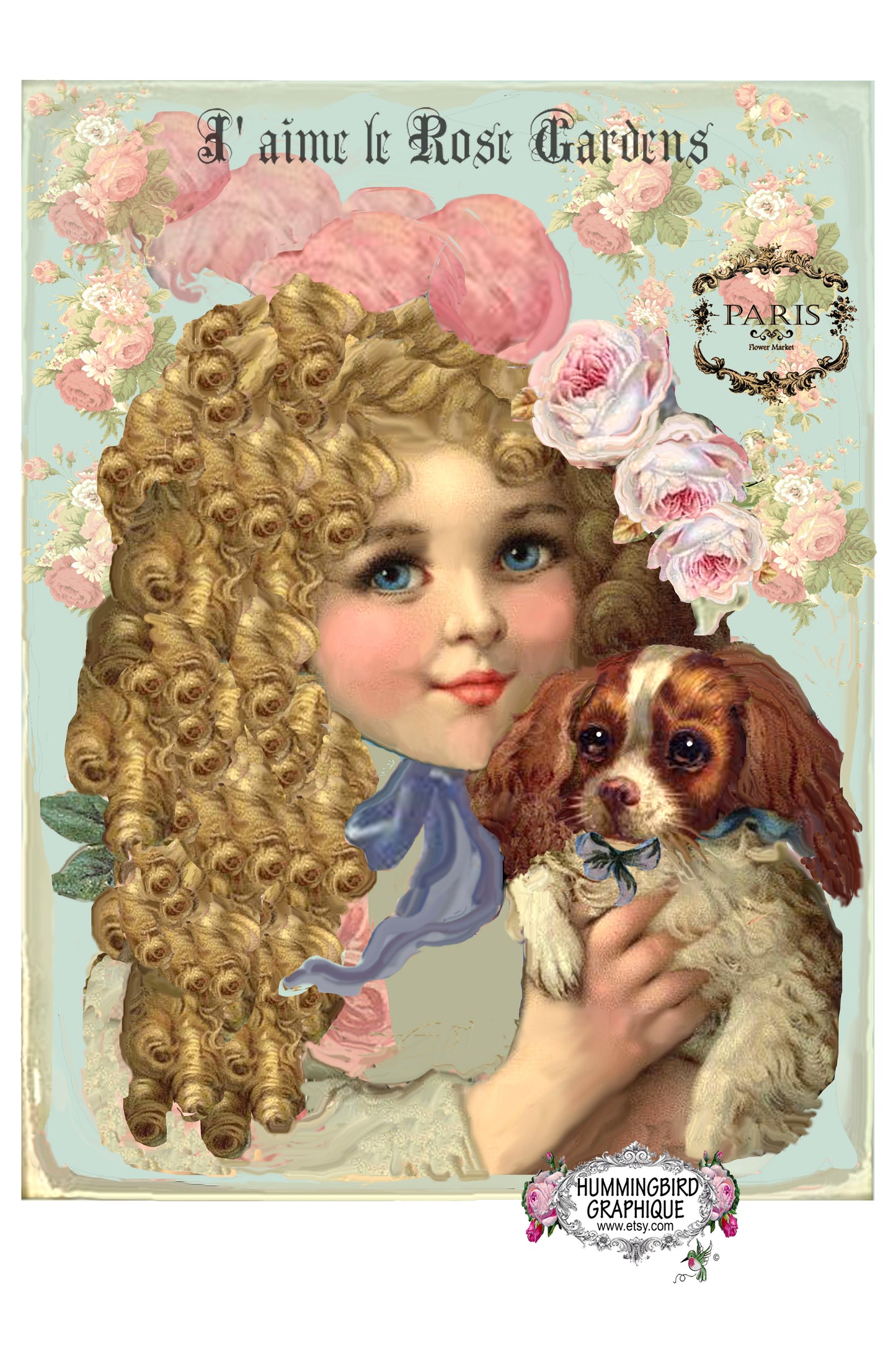 #92 CHARMING VICTORIAN GIRL WITH HER PUPPY - BEAUTIFUL SHABBY IMAGE