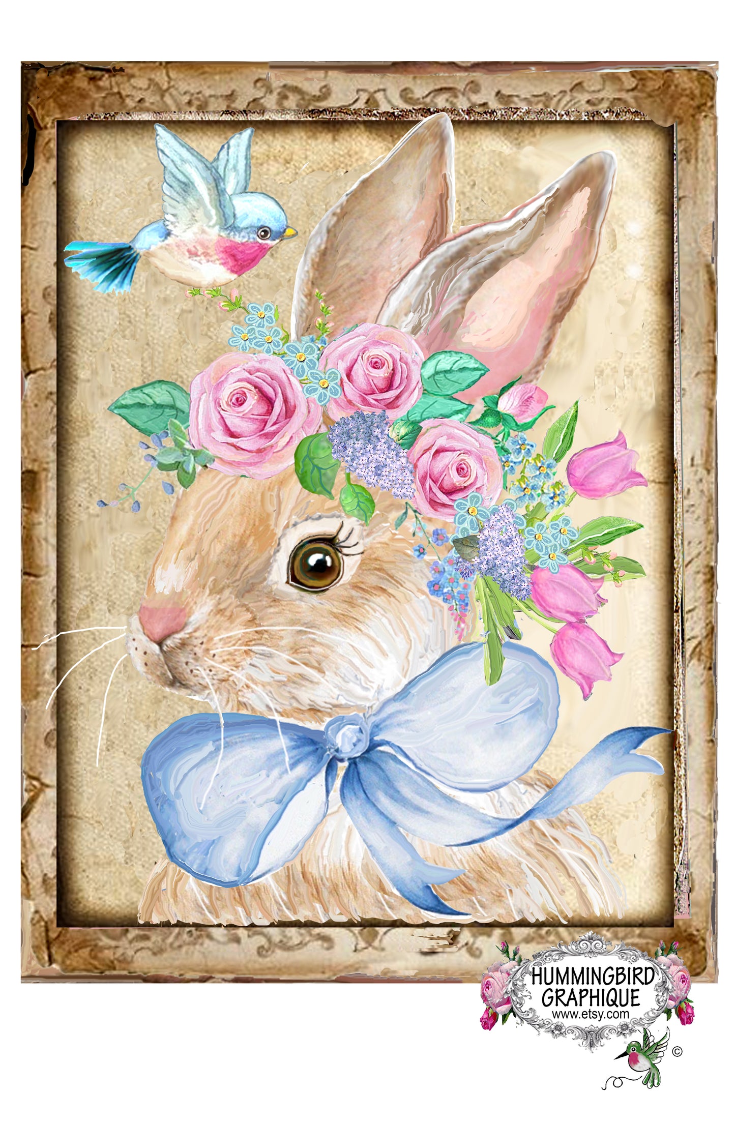 1011N LAPIN DE COTTAGE À CADRE ANTIQUE AVEC MERLE BLEU AVEC ROSES ET LILAS - LAPINS