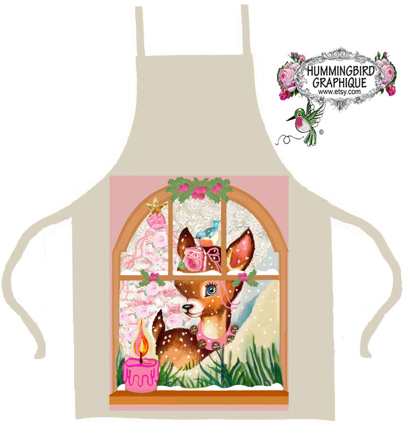 #1209 BÉBÉ CERF ENCHANTANT SUR UNE FENÊTRE ENNEIGÉE AVEC UNE BOUGIE ROSE - NOËL