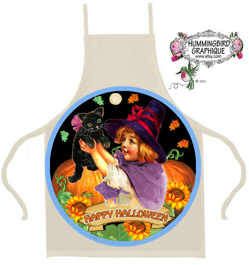 #1138 JOYEUX HALLOWEEN PETITE FILLE ET SON CHAT NOIR - ACCROCHE-PORTE