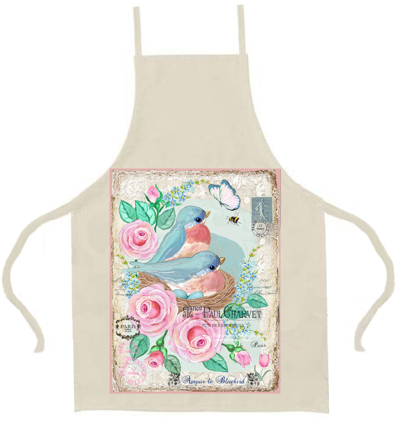 #617 BEAUTIFUL BLUEBIRDS IN NEST WITH ROSES AND BEE - BEAUTIFUL SHABBY IMAGE