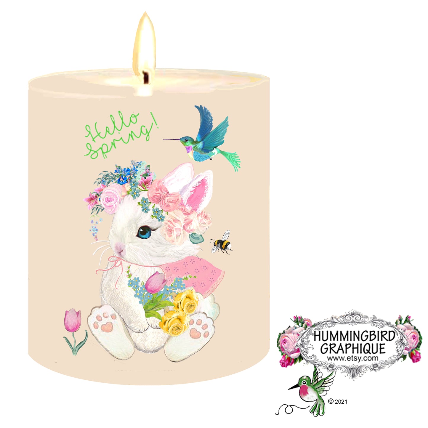 #1004 PRÉCIEUX BÉBÉ LAPIN BONJOUR LE PRINTEMPS AVEC COLIBRI TULIPE JONQUILLES ET ABEILLE