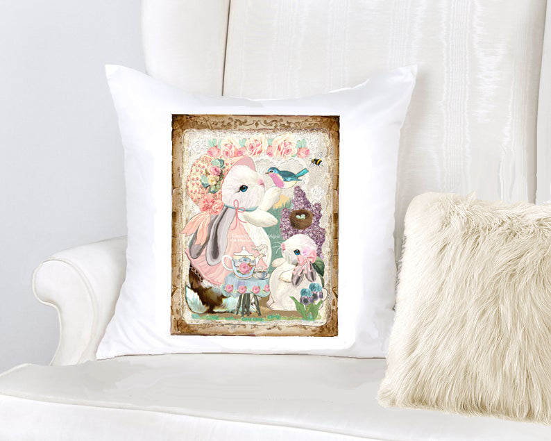 #573 MOTHER AND BABY BUNNY IN THE LILAC GARDEN TEA TIME- BEAUTIFUL SHABBY IMAGE