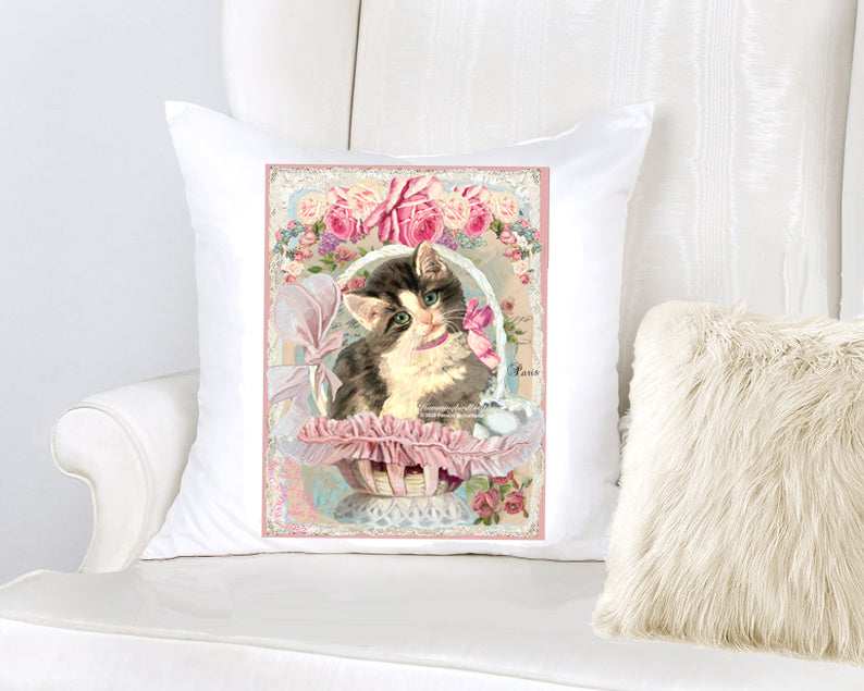 #591 BEAUTIFUL KITTEN IN BASKET WITH ROSES- BEAUTIFUL SHABBY IMAGE