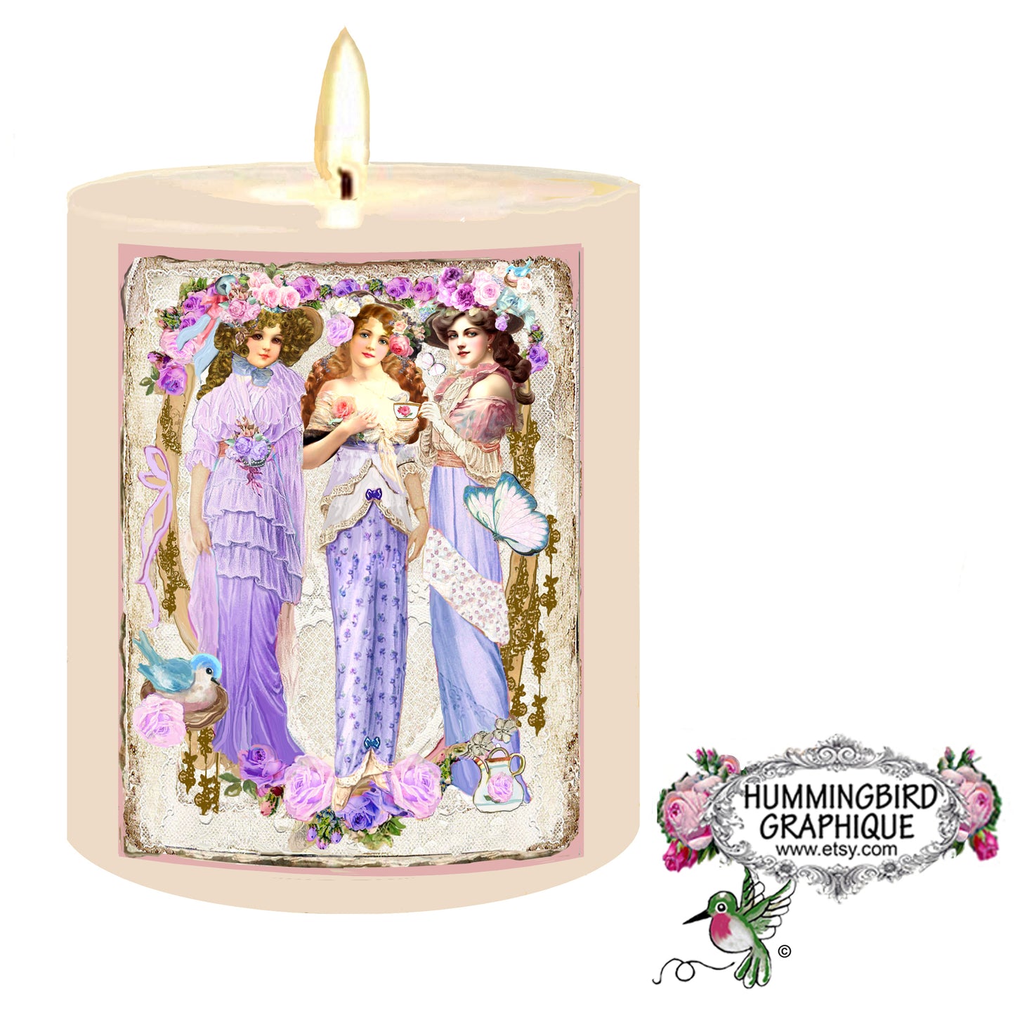 #1207 ELEGANT VICTORIAN LADIES TEATIME IN LAVENDER WITH ROSES AND BLUEBIRD - BEAUTIFUL SHABBY IMAGE