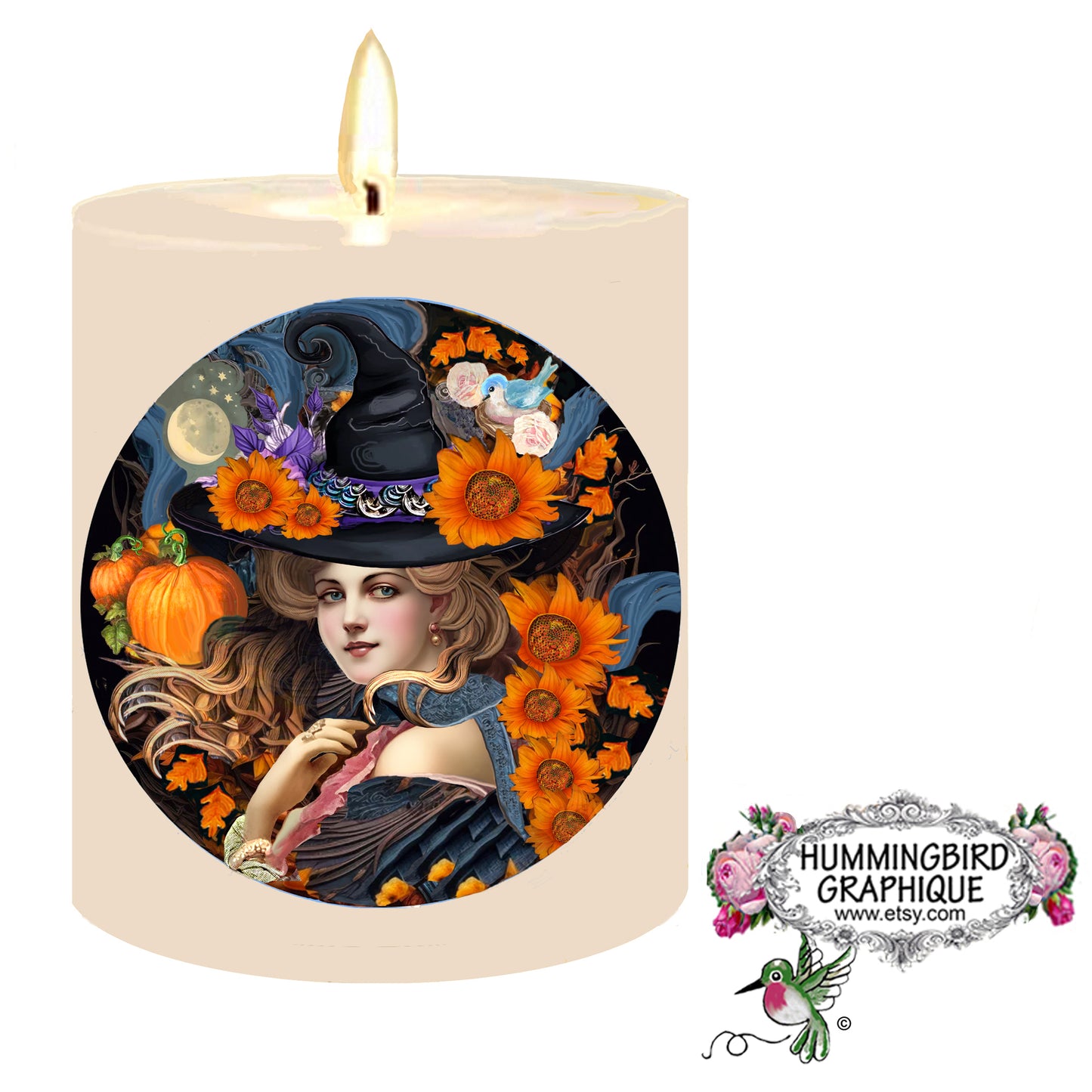 #1208 ACCROCHE-PORTE CERCLE SORCIÈRE AVEC LUNE ET TOURNESOLS - RÉCOLTE D'AUTOMNE
