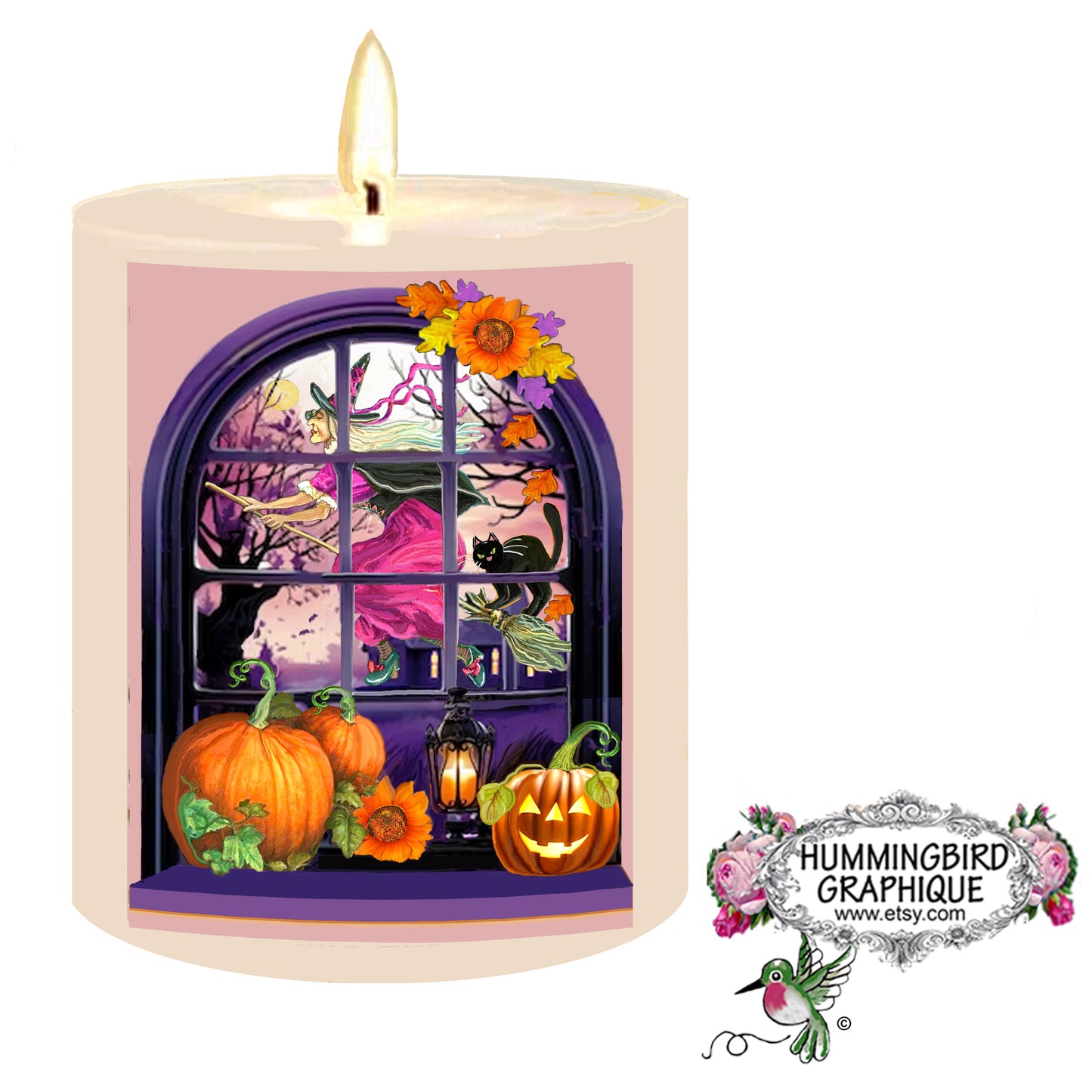 #1210 MÉCHANTE SORCIÈRE DANS UNE FENÊTRE VIOLETTE SUR SON BALAI ET SON CHAT NOIR - RÉCOLTE D'AUTOMNE