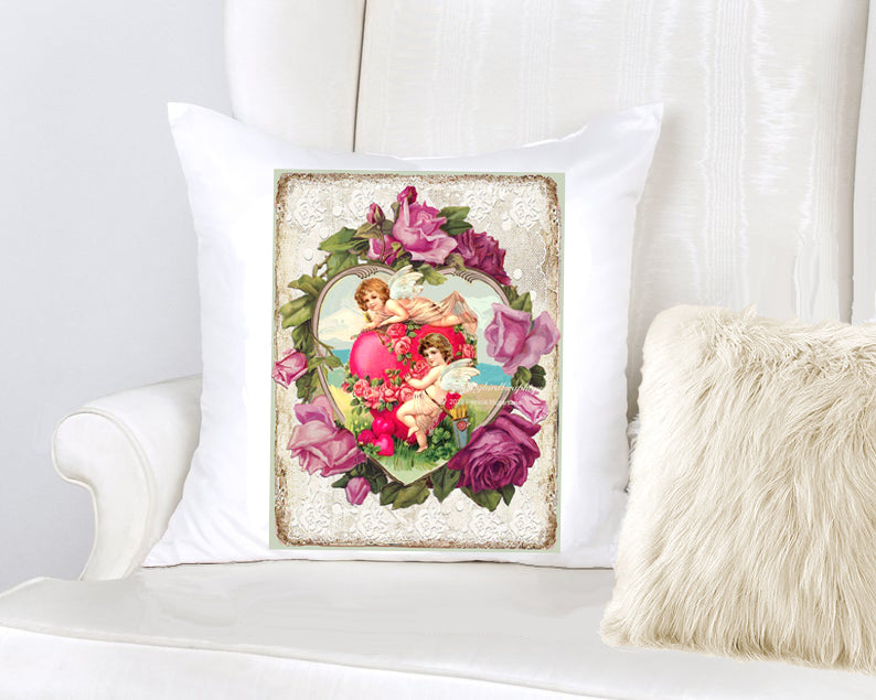 #583 PRECIOUS CUPIDS IN HEART WITH ROSES AND LACE - BEAUTIFUL SHABBY IMAGE