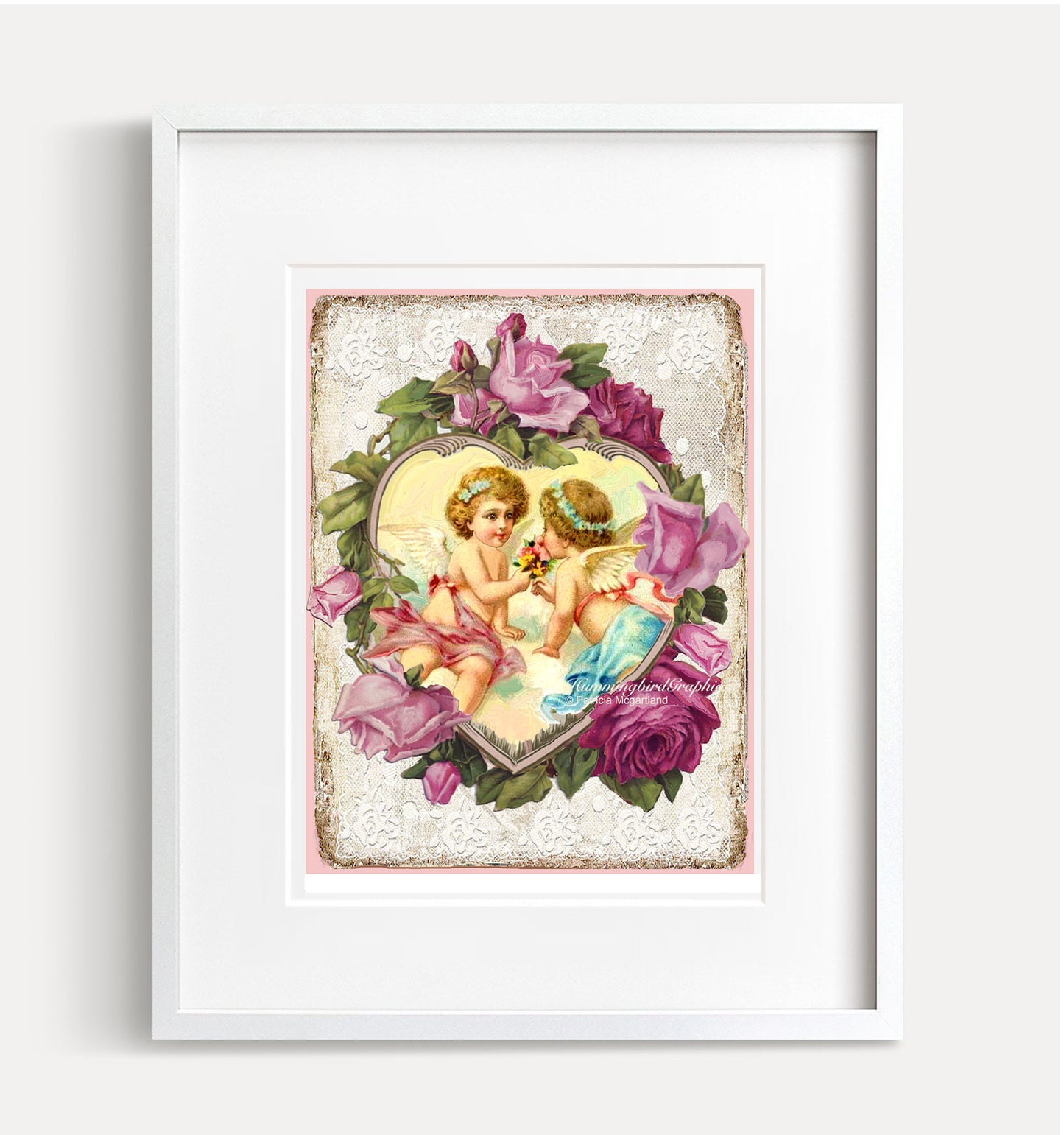 #582 CHARMING CUPIDS IN HEART WITH ROSES - BEAUTIFUL SHABBY IMAGE